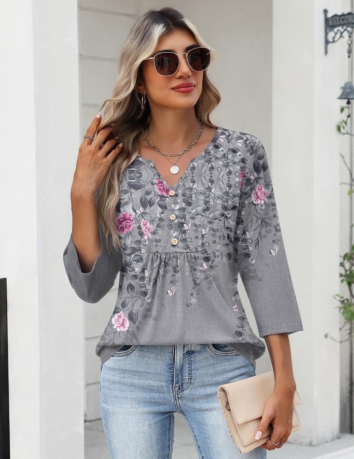 image:imageZeagoo Womens 34 Length Sleeve Tops V Neck Dressy Casual T Shirts Pleated Business Work Blouses Basic Tees S3XLHf36