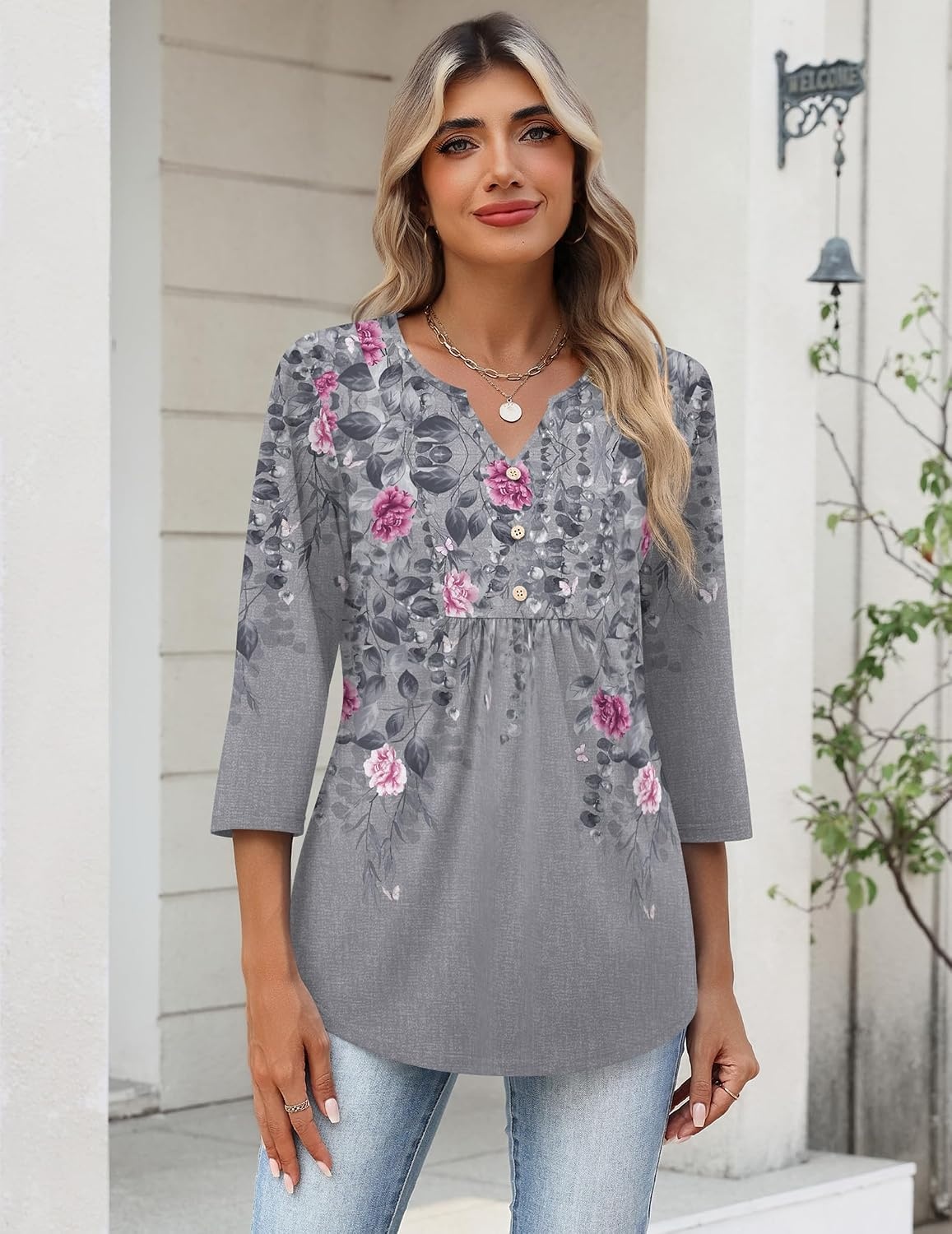 image:imageZeagoo Womens 34 Length Sleeve Tops V Neck Dressy Casual T Shirts Pleated Business Work Blouses Basic Tees S3XLHf36