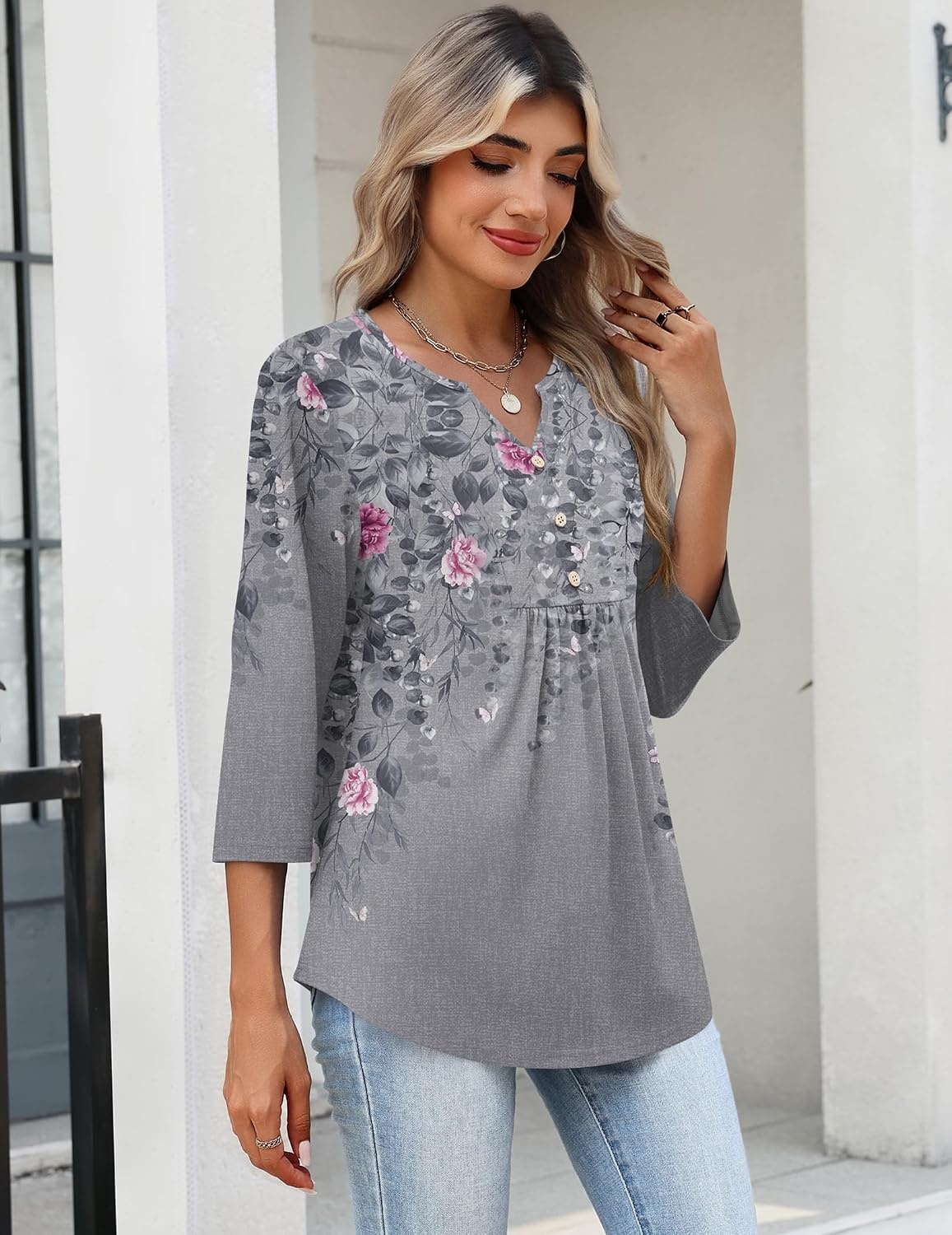 image:imageZeagoo Womens 34 Length Sleeve Tops V Neck Dressy Casual T Shirts Pleated Business Work Blouses Basic Tees S3XLHf36