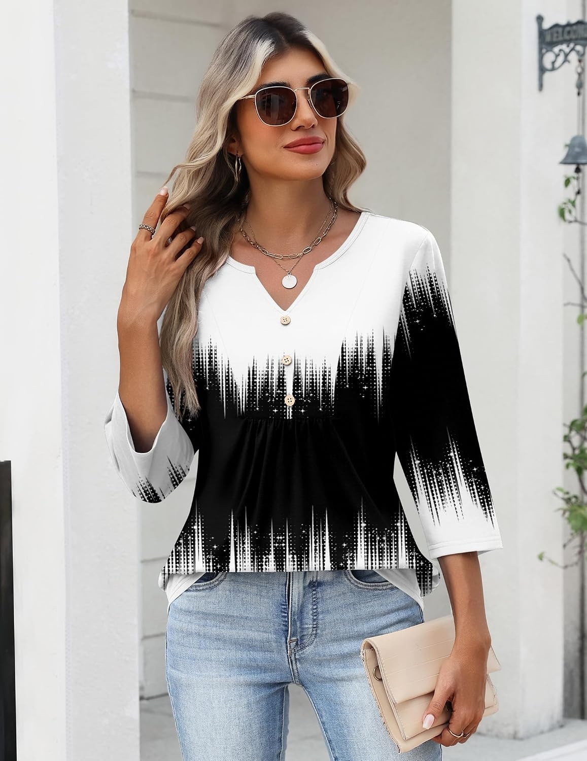 image:imageZeagoo Womens 34 Length Sleeve Tops V Neck Dressy Casual T Shirts Pleated Business Work Blouses Basic Tees S3XLJb204