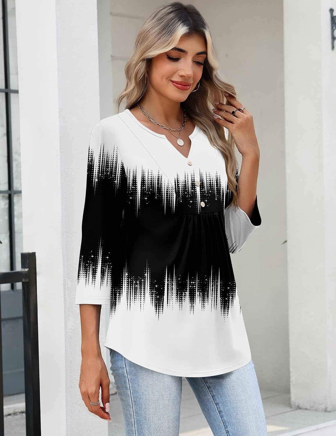 image:imageZeagoo Womens 34 Length Sleeve Tops V Neck Dressy Casual T Shirts Pleated Business Work Blouses Basic Tees S3XLJb204