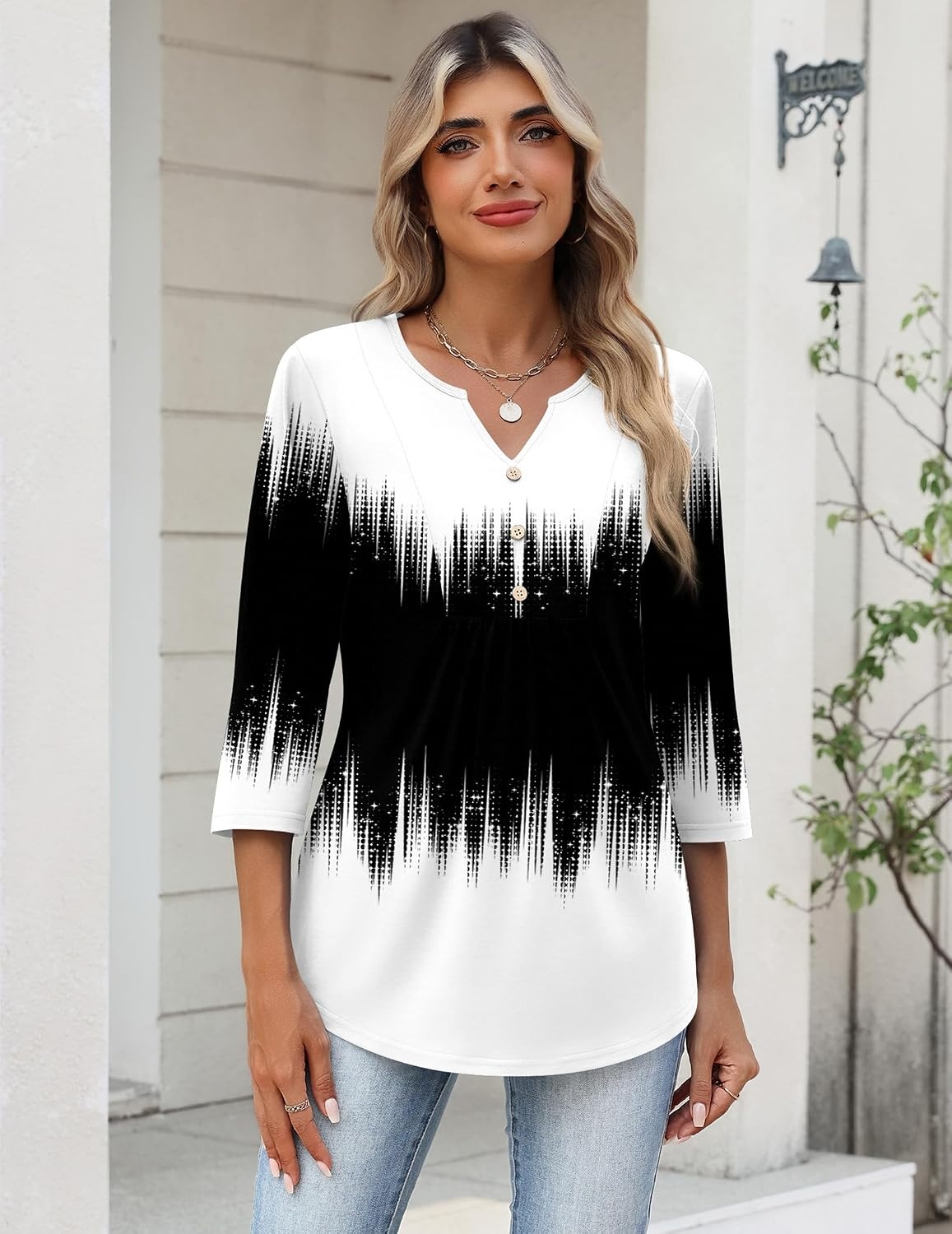image:imageZeagoo Womens 34 Length Sleeve Tops V Neck Dressy Casual T Shirts Pleated Business Work Blouses Basic Tees S3XLJb204