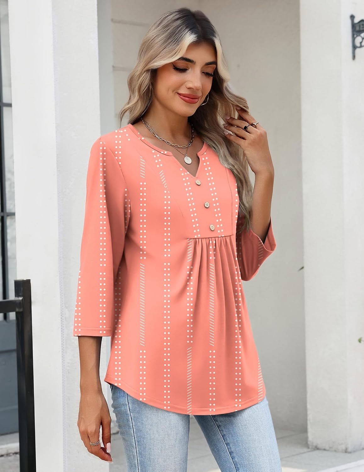 image:imageZeagoo Womens 34 Length Sleeve Tops V Neck Dressy Casual T Shirts Pleated Business Work Blouses Basic Tees S3XLJh586