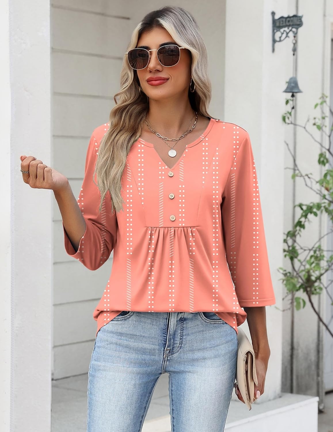 image:imageZeagoo Womens 34 Length Sleeve Tops V Neck Dressy Casual T Shirts Pleated Business Work Blouses Basic Tees S3XLJh586