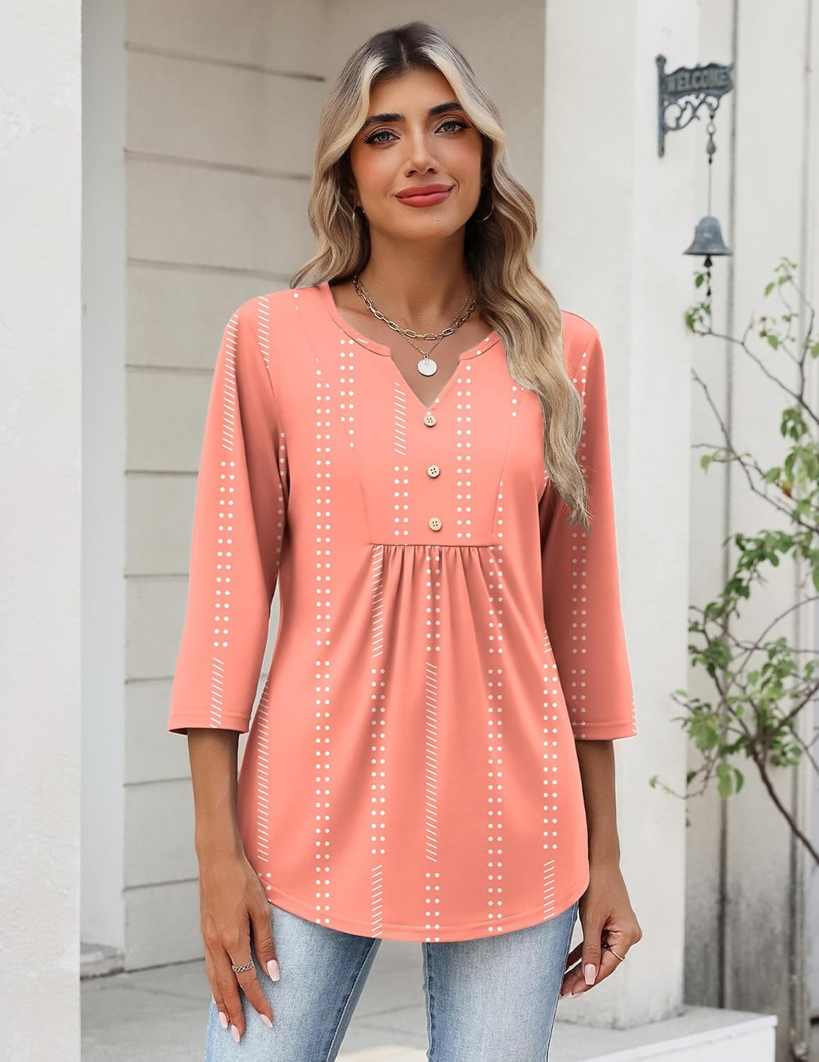 image:imageZeagoo Womens 34 Length Sleeve Tops V Neck Dressy Casual T Shirts Pleated Business Work Blouses Basic Tees S3XLJh586
