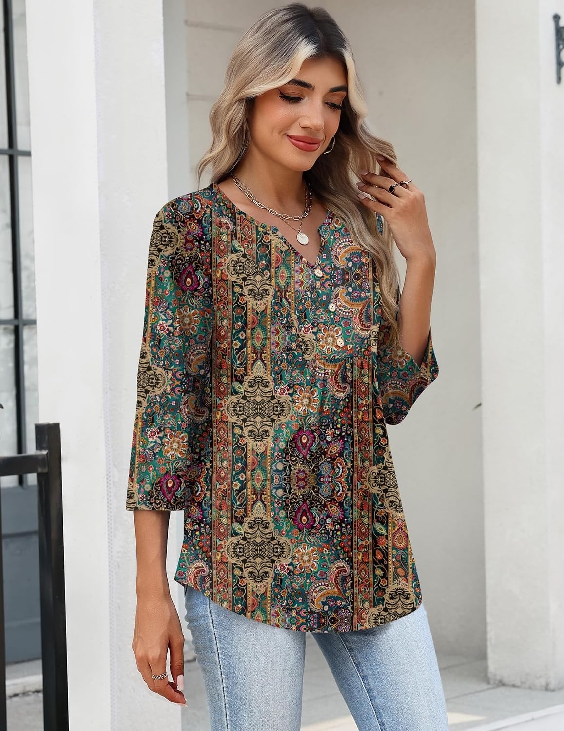 image:imageZeagoo Womens 34 Length Sleeve Tops V Neck Dressy Casual T Shirts Pleated Business Work Blouses Basic Tees S3XLMz721