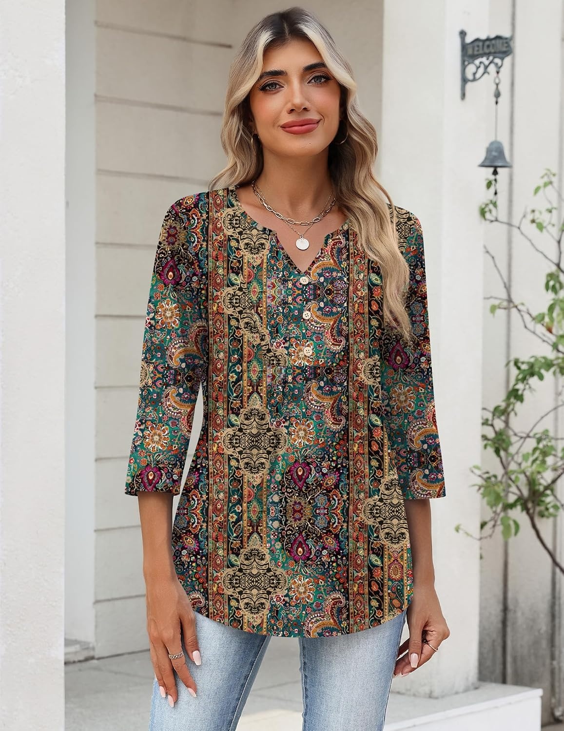image:imageZeagoo Womens 34 Length Sleeve Tops V Neck Dressy Casual T Shirts Pleated Business Work Blouses Basic Tees S3XLMz721