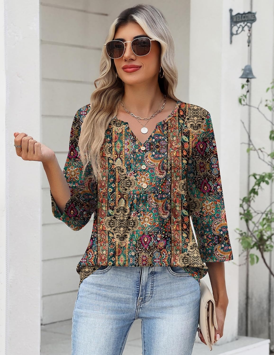 image:imageZeagoo Womens 34 Length Sleeve Tops V Neck Dressy Casual T Shirts Pleated Business Work Blouses Basic Tees S3XLMz721