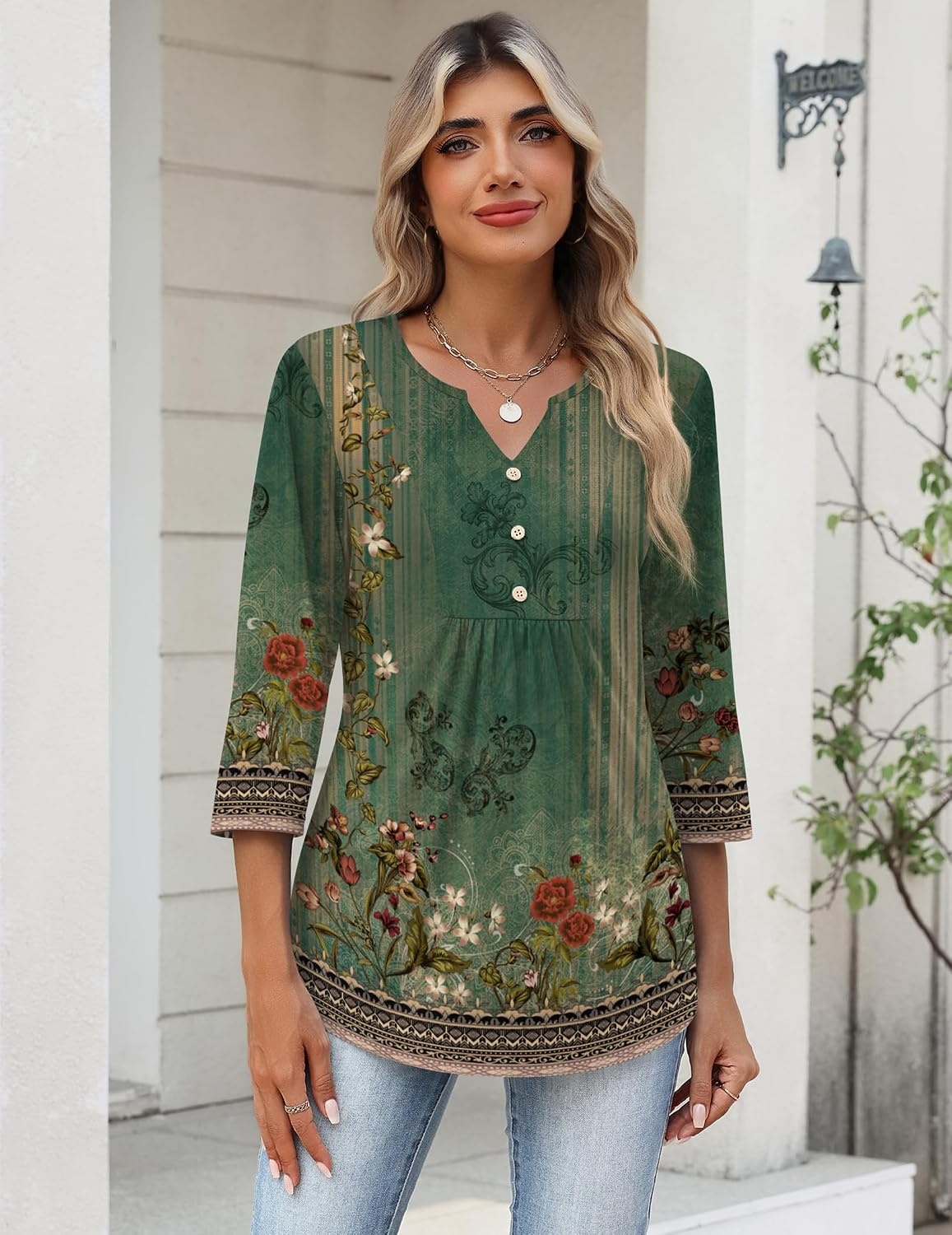 image:imageZeagoo Womens 34 Length Sleeve Tops V Neck Dressy Casual T Shirts Pleated Business Work Blouses Basic Tees S3XLMz839