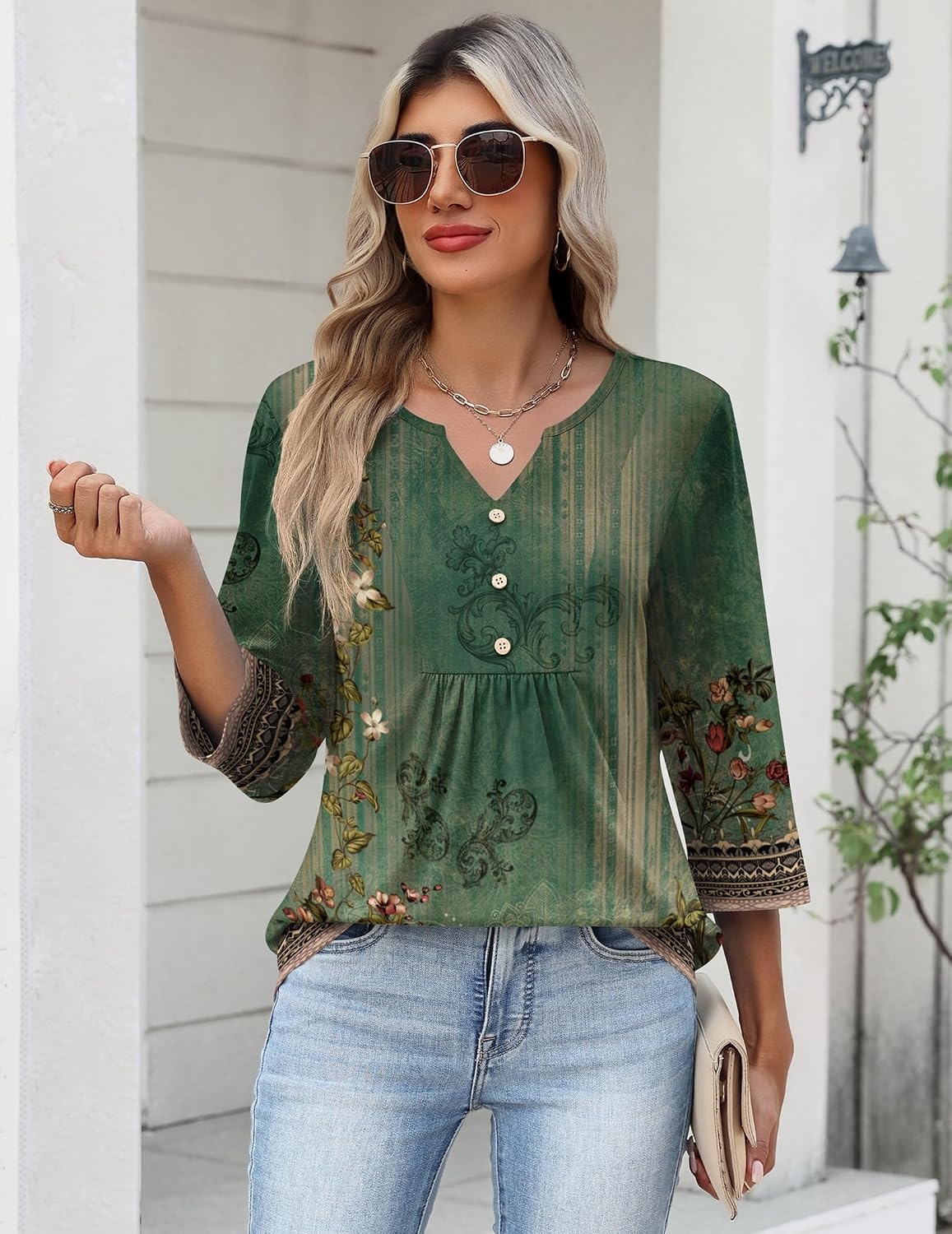 image:imageZeagoo Womens 34 Length Sleeve Tops V Neck Dressy Casual T Shirts Pleated Business Work Blouses Basic Tees S3XLMz839