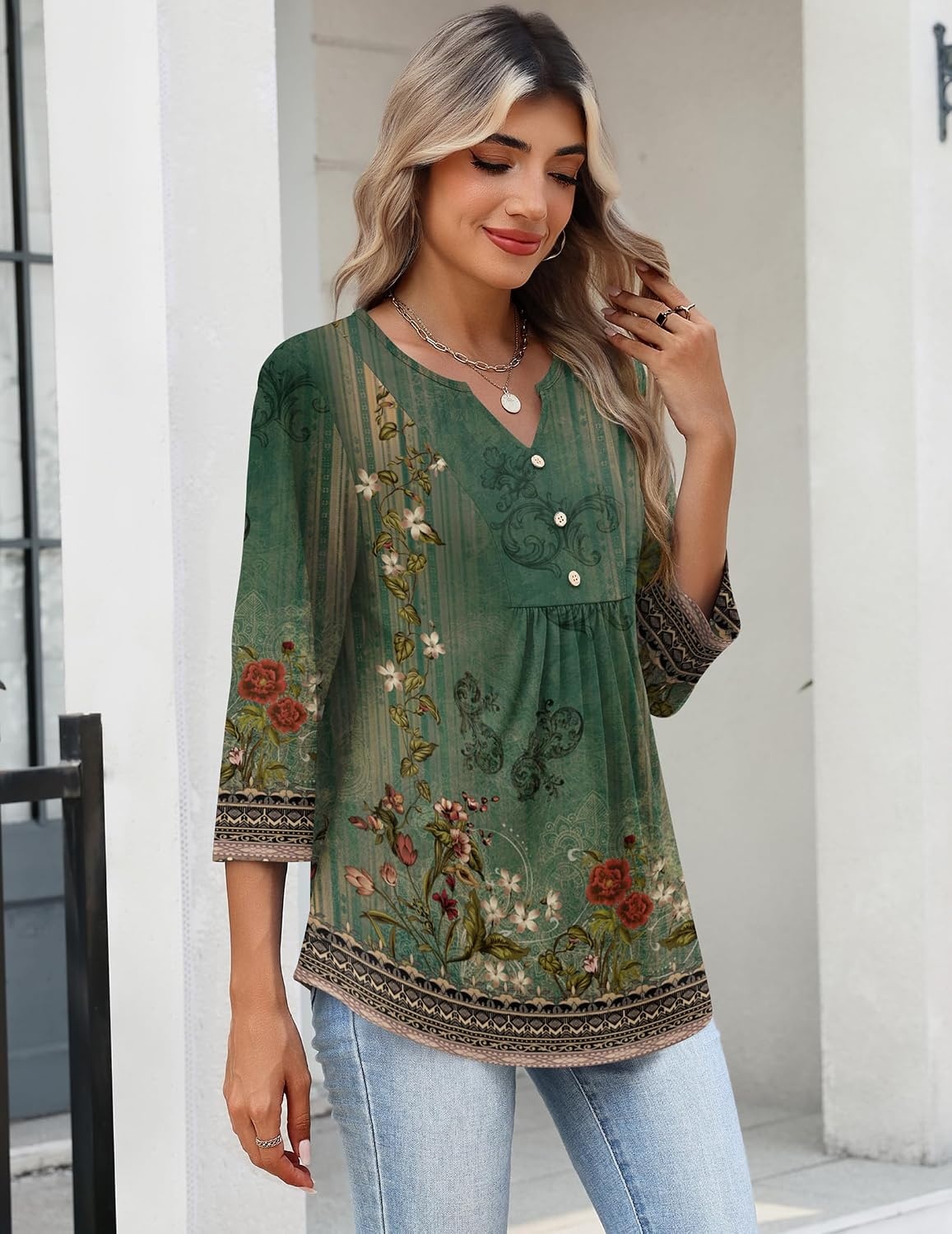 image:imageZeagoo Womens 34 Length Sleeve Tops V Neck Dressy Casual T Shirts Pleated Business Work Blouses Basic Tees S3XLMz839