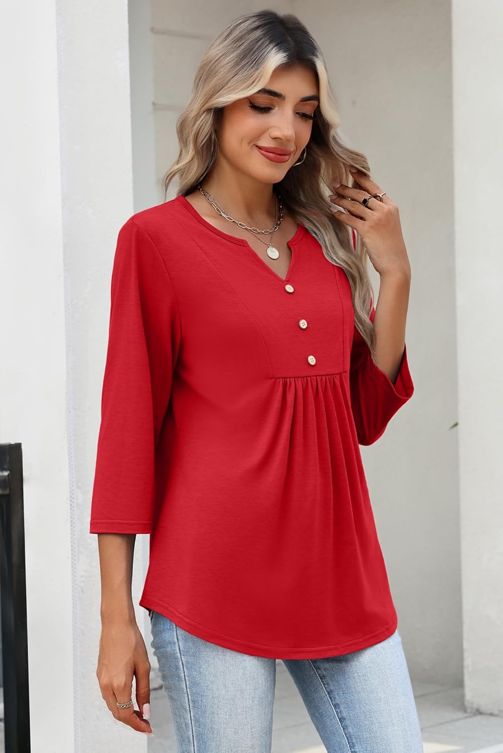 image:imageZeagoo Womens 34 Length Sleeve Tops V Neck Dressy Casual T Shirts Pleated Business Work Blouses Basic Tees S3XLRed
