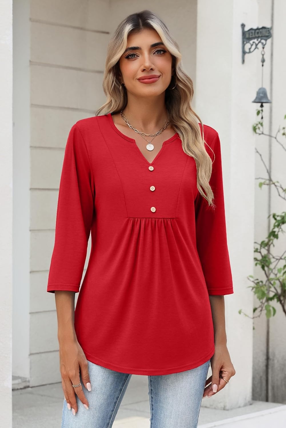image:imageZeagoo Womens 34 Length Sleeve Tops V Neck Dressy Casual T Shirts Pleated Business Work Blouses Basic Tees S3XLRed