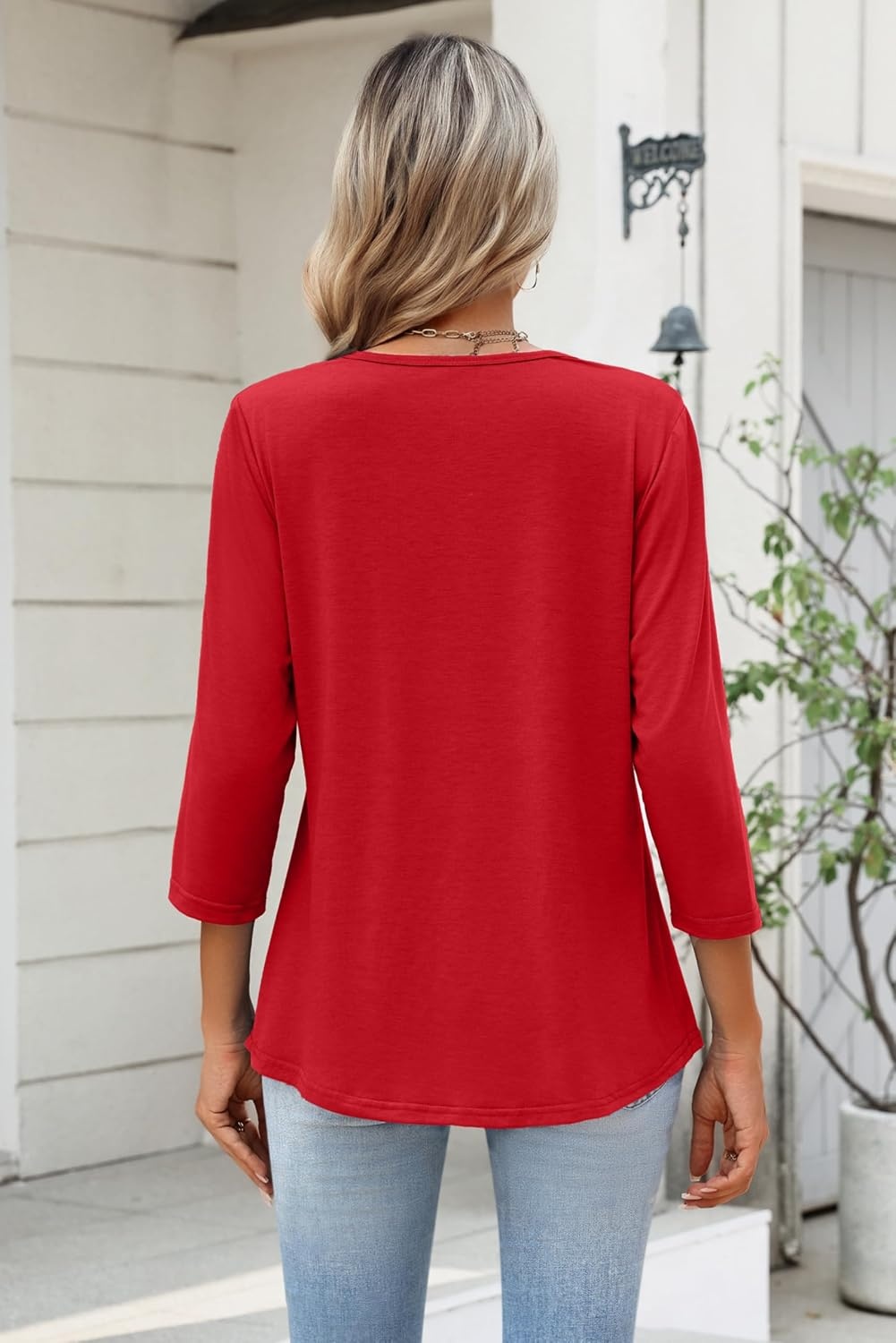image:imageZeagoo Womens 34 Length Sleeve Tops V Neck Dressy Casual T Shirts Pleated Business Work Blouses Basic Tees S3XLRed