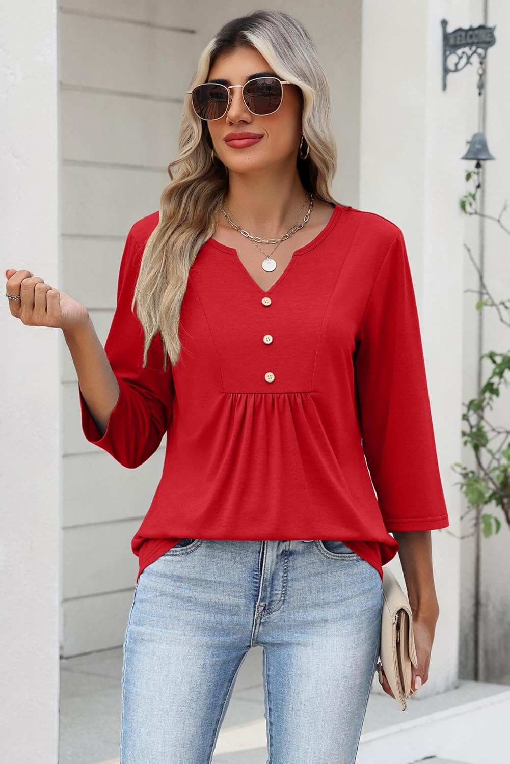 image:imageZeagoo Womens 34 Length Sleeve Tops V Neck Dressy Casual T Shirts Pleated Business Work Blouses Basic Tees S3XLRed