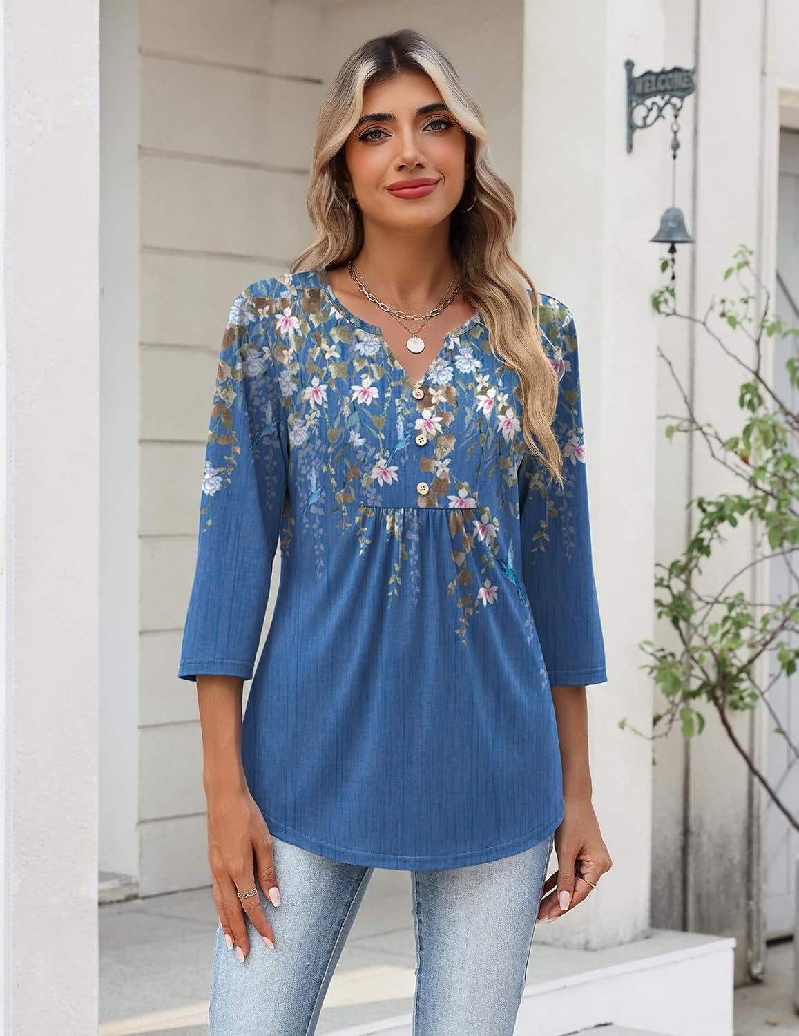image:imageZeagoo Womens 34 Length Sleeve Tops V Neck Dressy Casual T Shirts Pleated Business Work Blouses Basic Tees S3XLSf233
