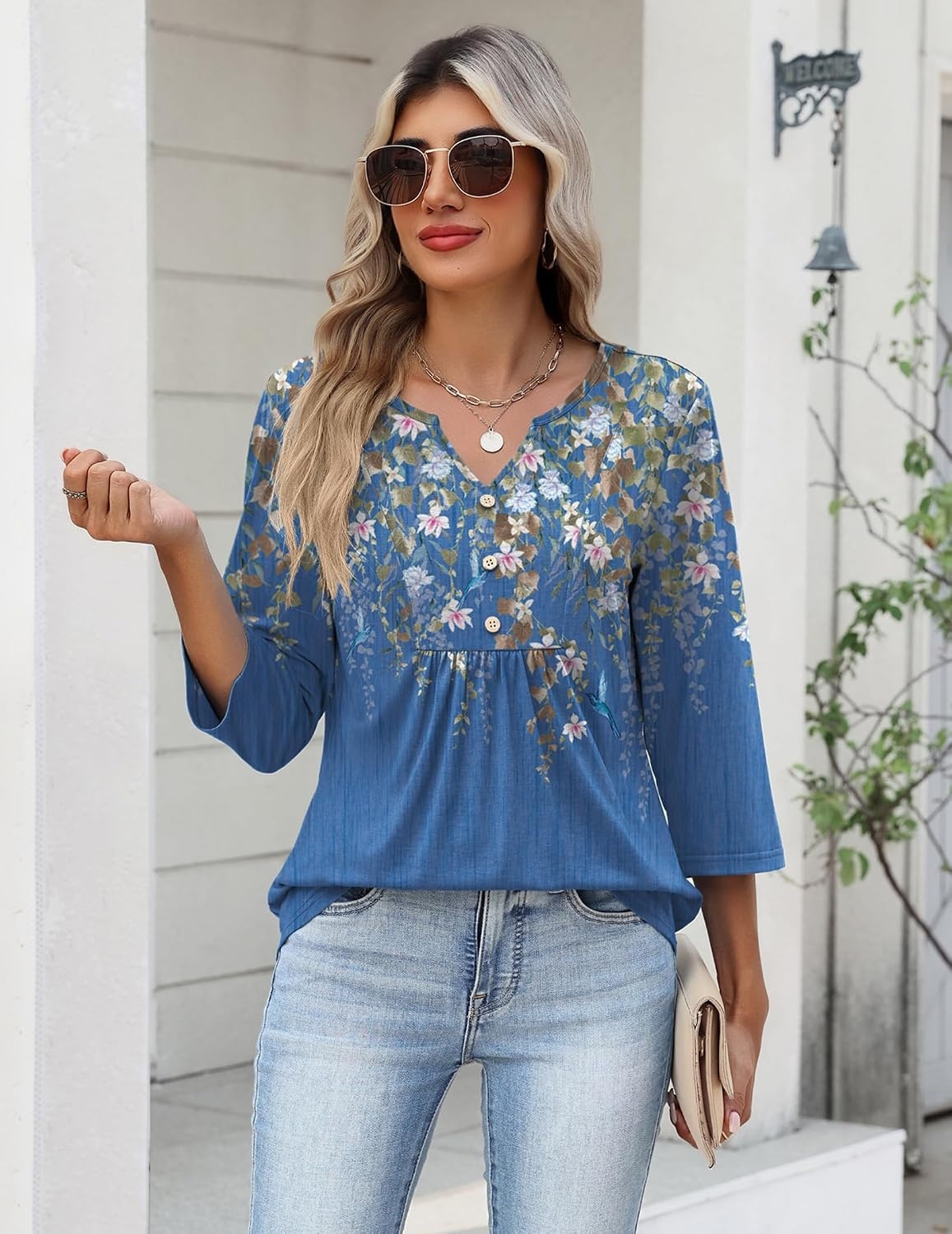 image:imageZeagoo Womens 34 Length Sleeve Tops V Neck Dressy Casual T Shirts Pleated Business Work Blouses Basic Tees S3XLSf233