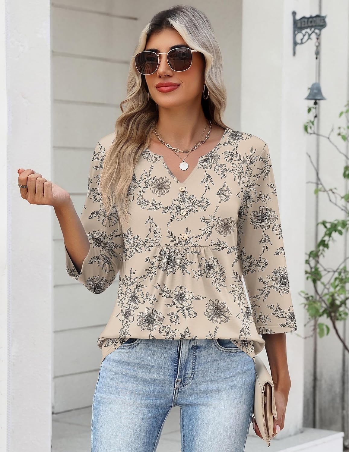image:imageZeagoo Womens 34 Length Sleeve Tops V Neck Dressy Casual T Shirts Pleated Business Work Blouses Basic Tees S3XLSp31