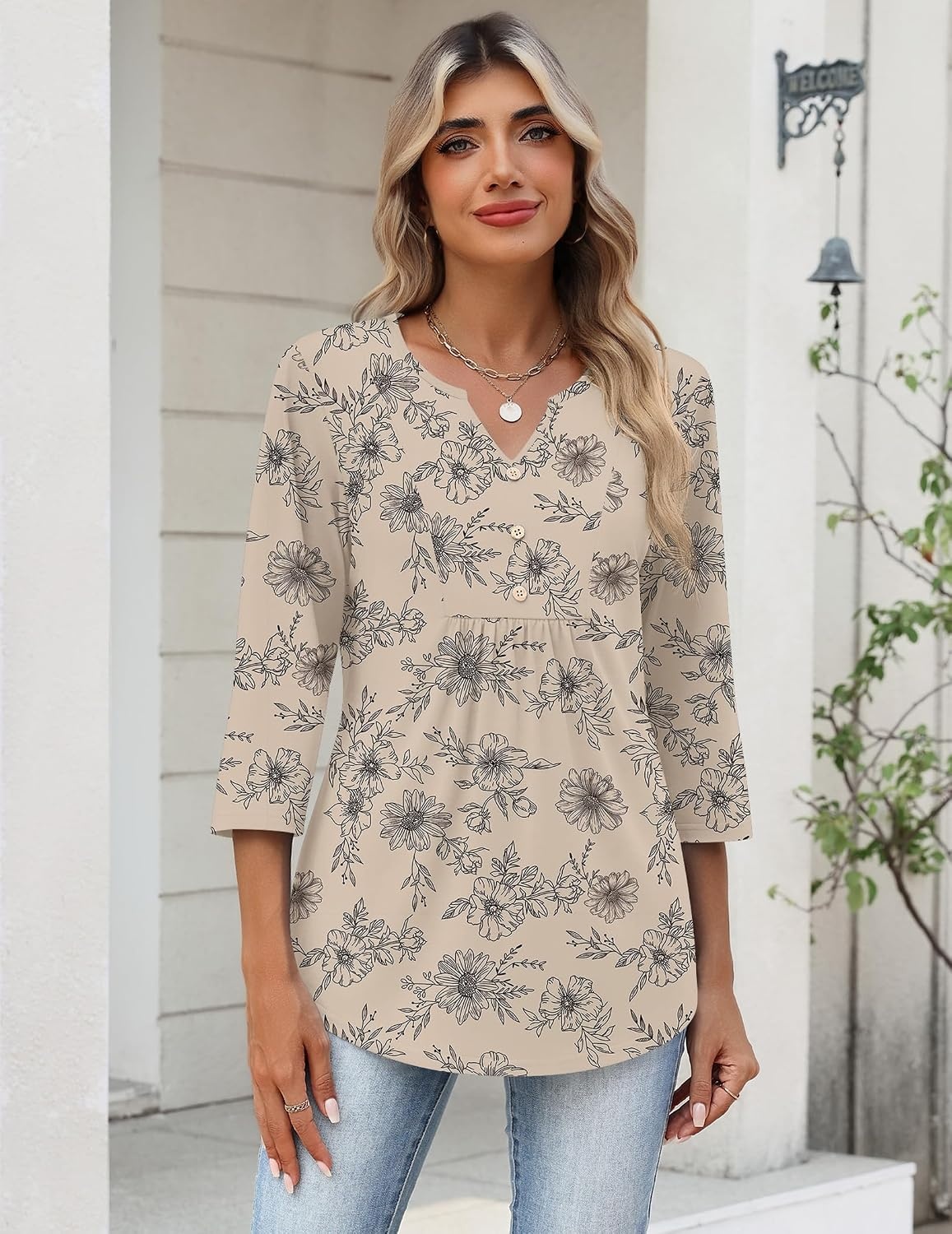 image:imageZeagoo Womens 34 Length Sleeve Tops V Neck Dressy Casual T Shirts Pleated Business Work Blouses Basic Tees S3XLSp31