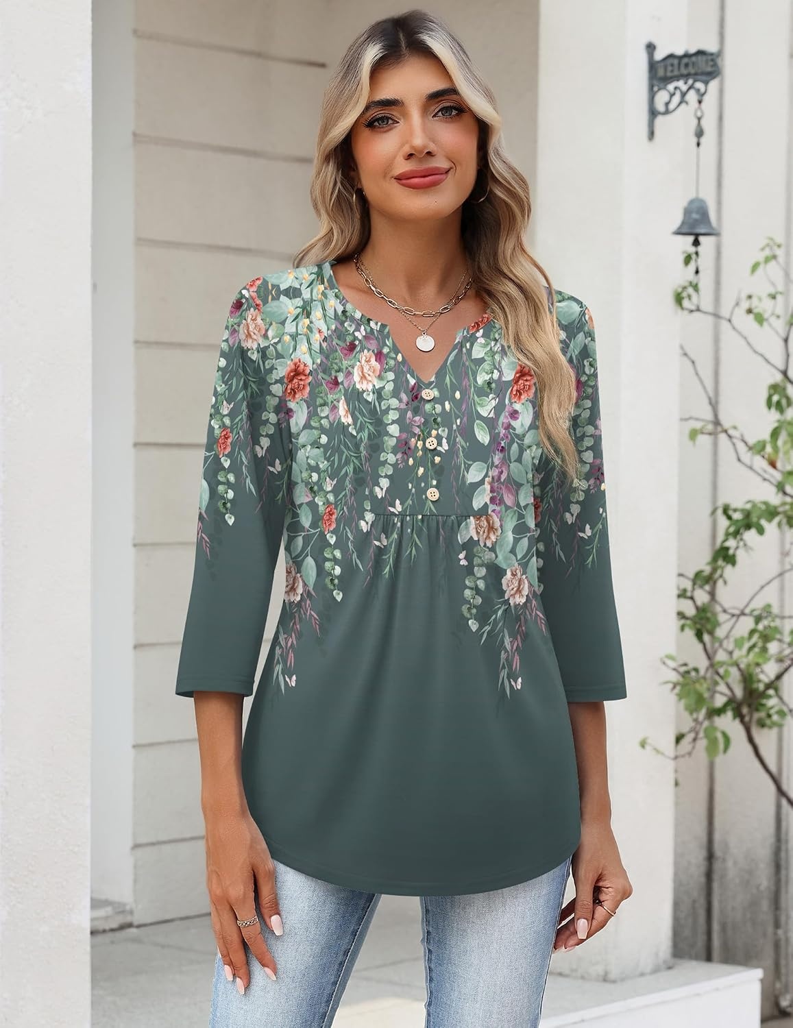 image:imageZeagoo Womens 34 Length Sleeve Tops V Neck Dressy Casual T Shirts Pleated Business Work Blouses Basic Tees S3XLWf71