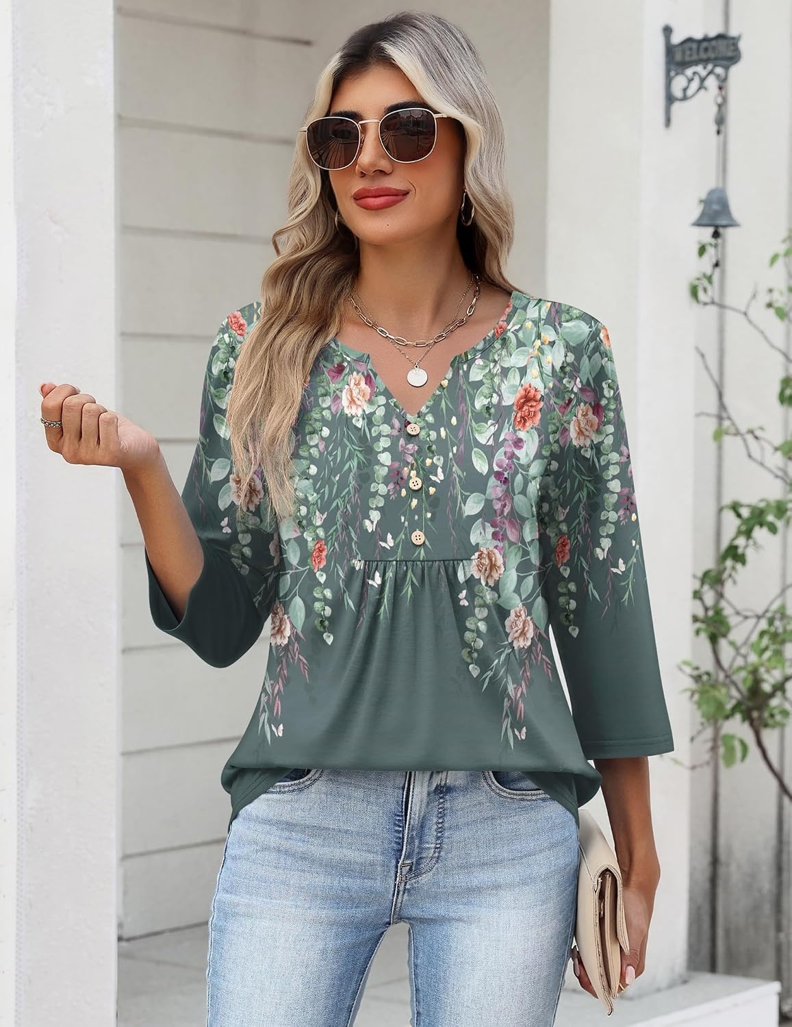 image:imageZeagoo Womens 34 Length Sleeve Tops V Neck Dressy Casual T Shirts Pleated Business Work Blouses Basic Tees S3XLWf71