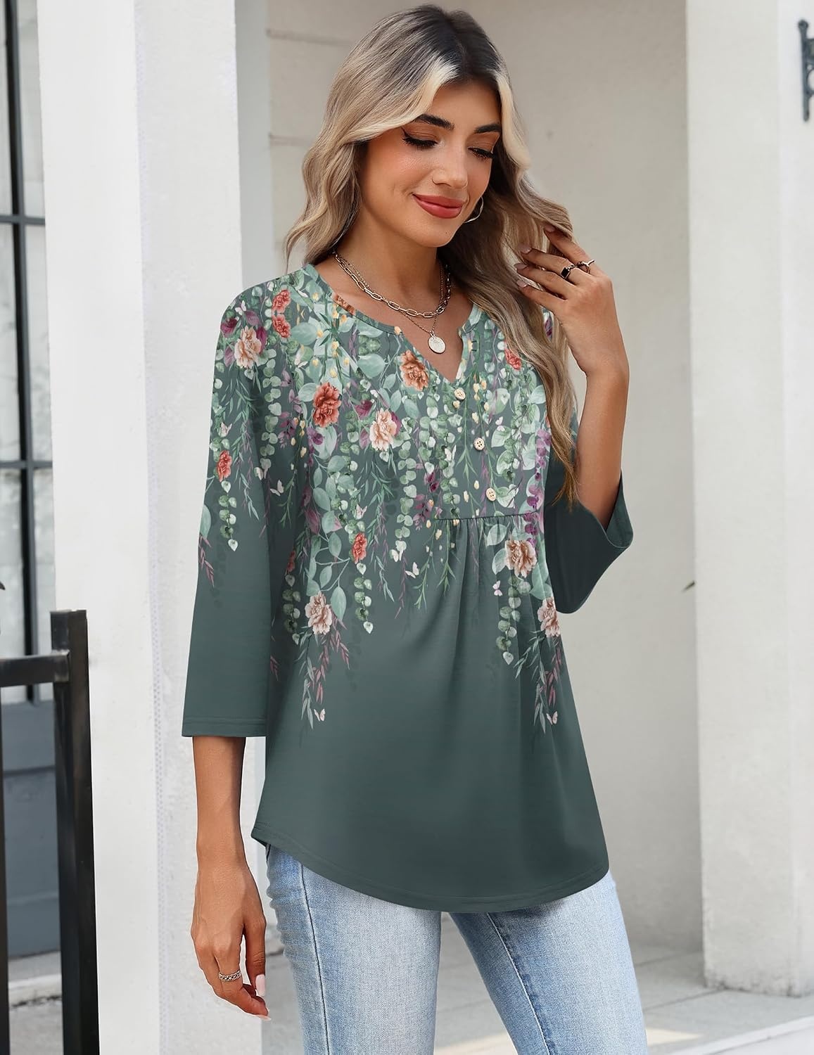 image:imageZeagoo Womens 34 Length Sleeve Tops V Neck Dressy Casual T Shirts Pleated Business Work Blouses Basic Tees S3XLWf71
