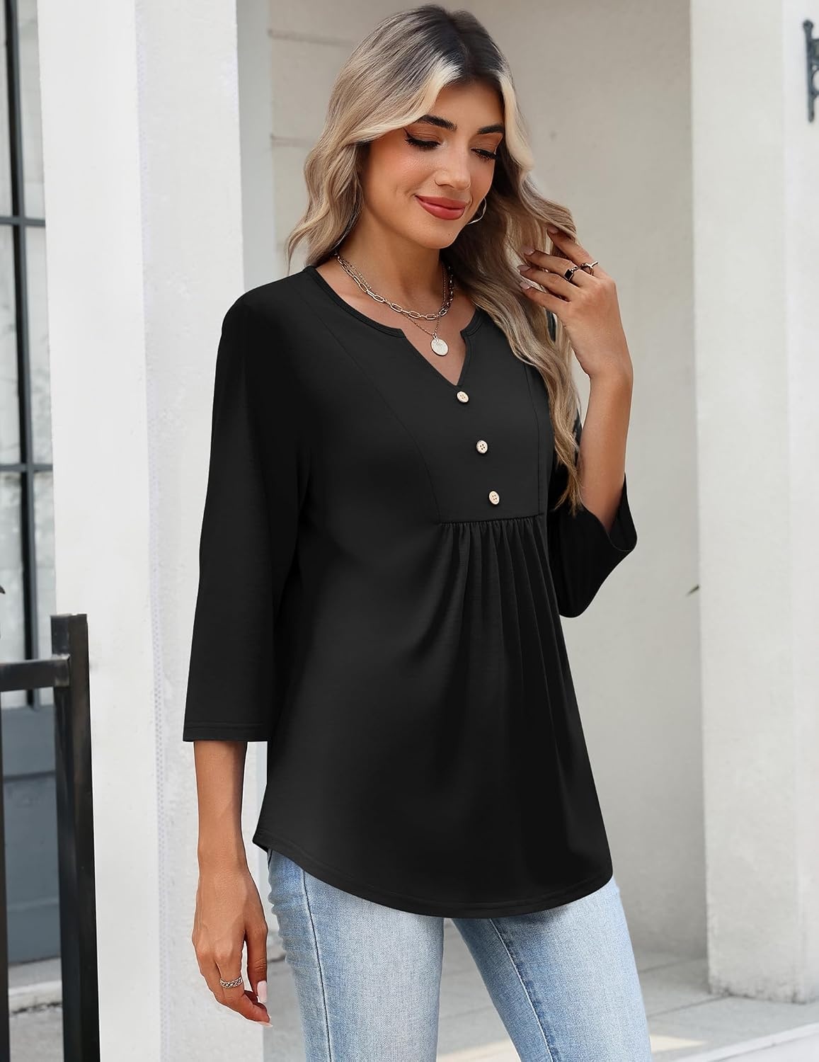image:imageZeagoo Womens 34 Length Sleeve Tops V Neck Dressy Casual T Shirts Pleated Business Work Blouses Basic Tees S3XLZblack