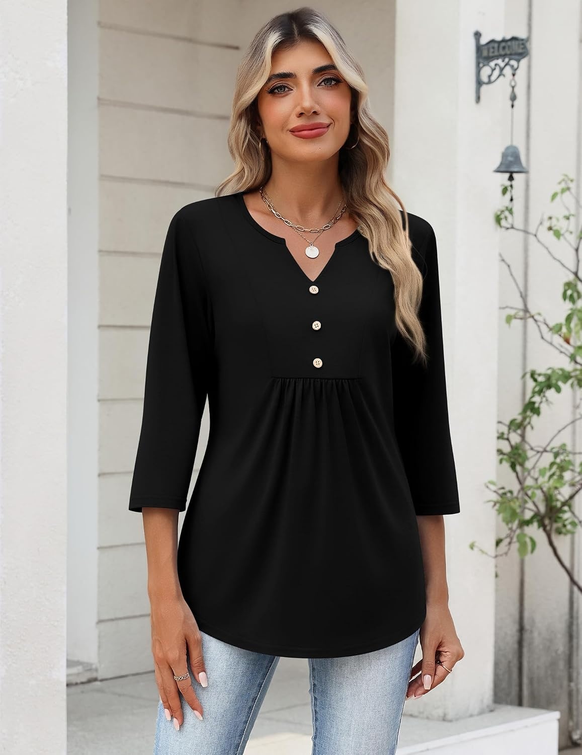 image:imageZeagoo Womens 34 Length Sleeve Tops V Neck Dressy Casual T Shirts Pleated Business Work Blouses Basic Tees S3XLZblack