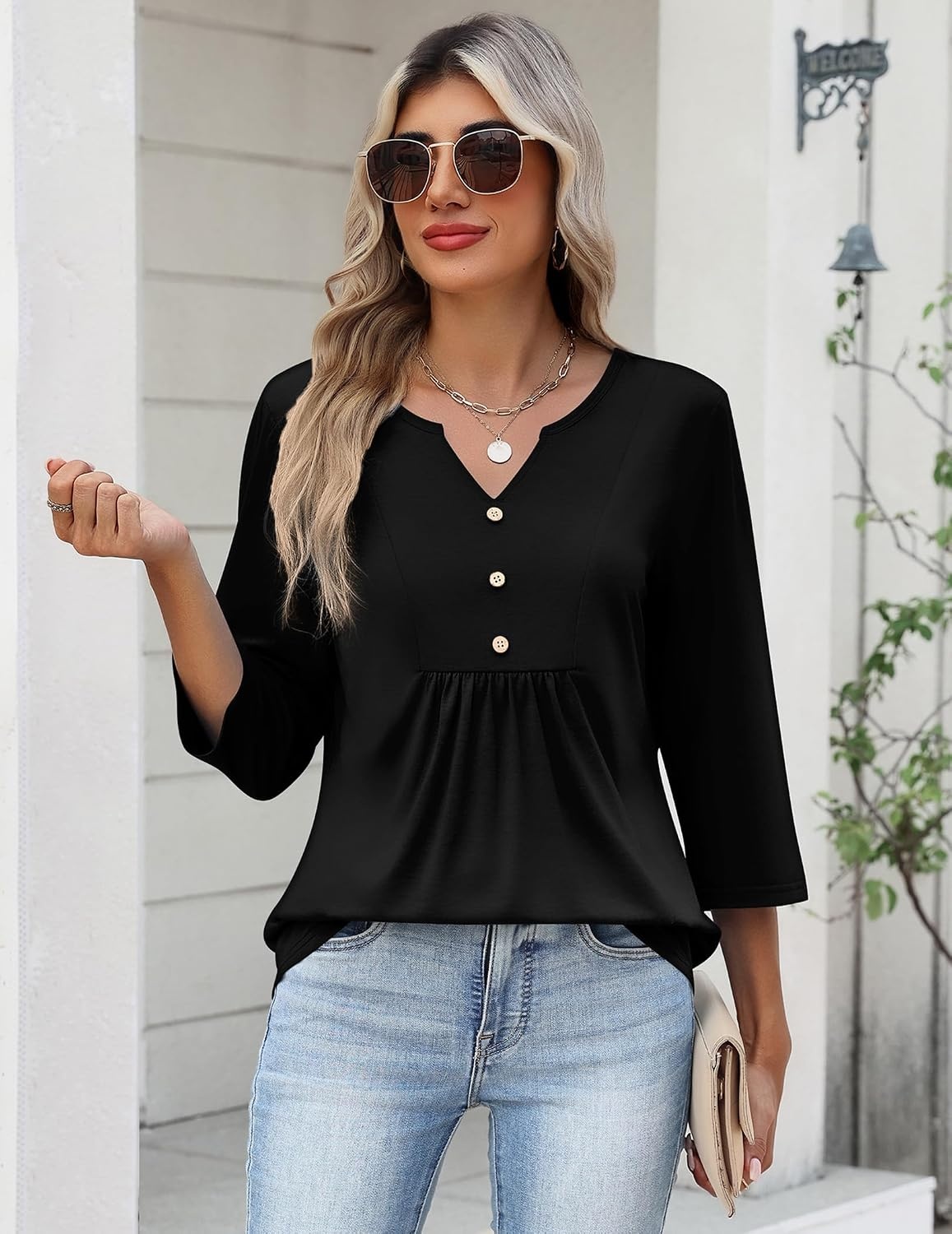 image:imageZeagoo Womens 34 Length Sleeve Tops V Neck Dressy Casual T Shirts Pleated Business Work Blouses Basic Tees S3XLZblack