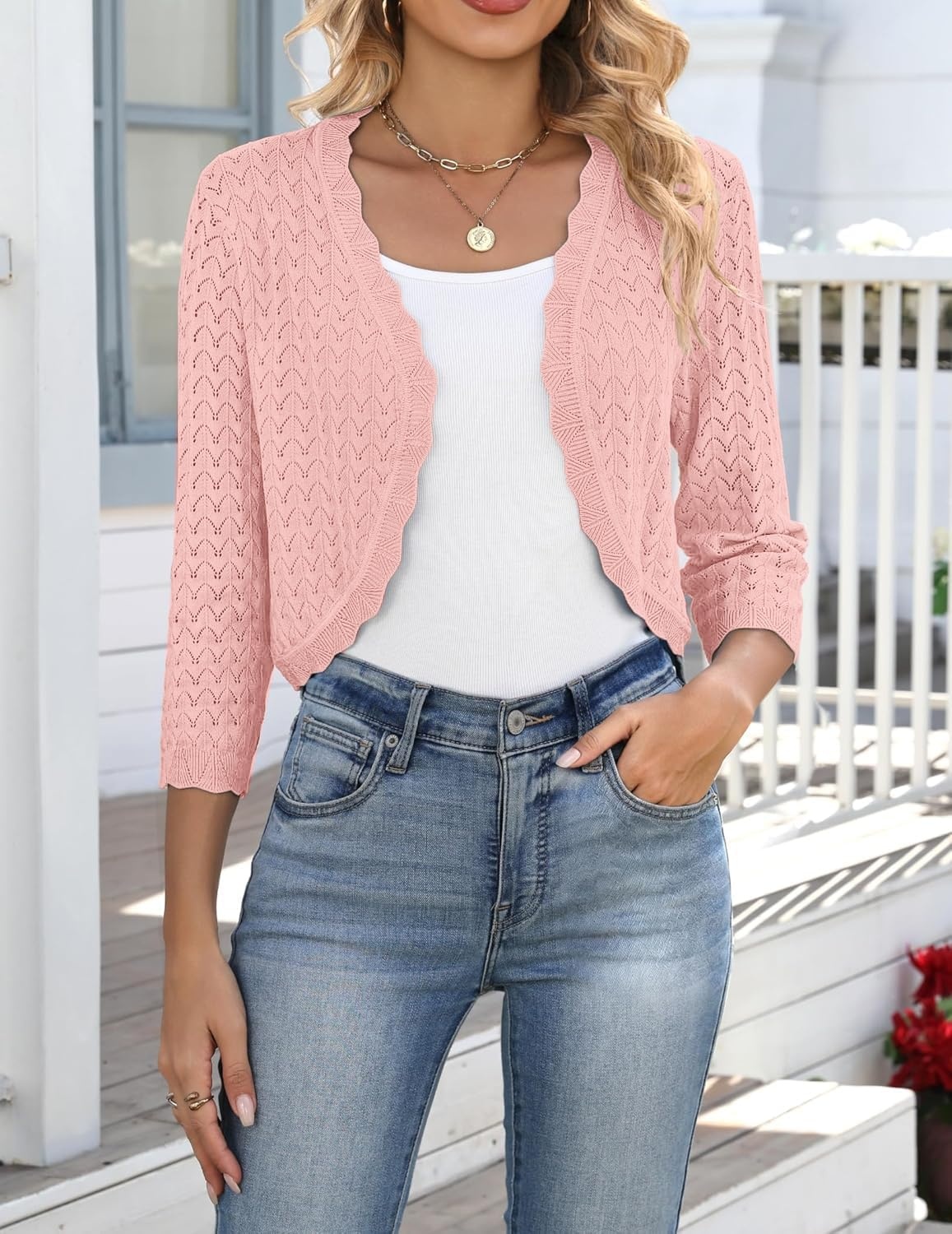 image:imageZeagoo Womens Bolero Shrug Crochet Cropped Cardigan Summer 34 Sleeve Lightweight Cardigans for DressLight Pink