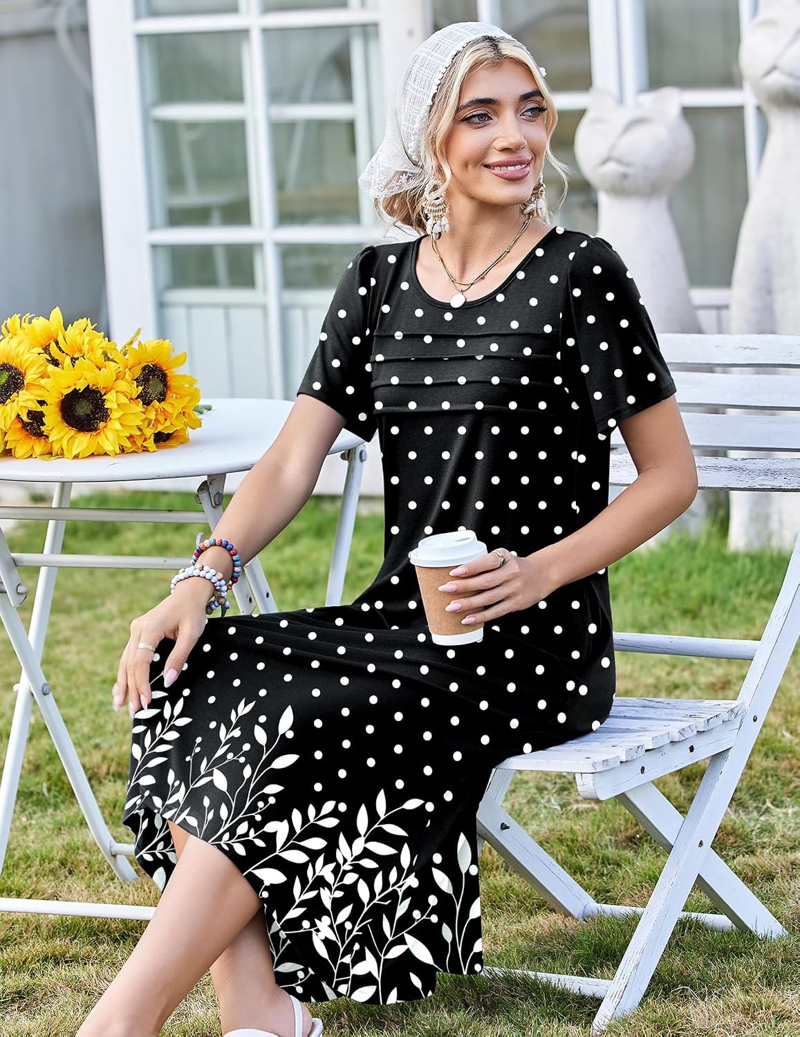image:imageZeagoo Womens Casual Dresses for Summer Short Sleeve Flare Midi Dress Loose Beach Sundress Pleated Front Dress with PocketsBlack Sp122