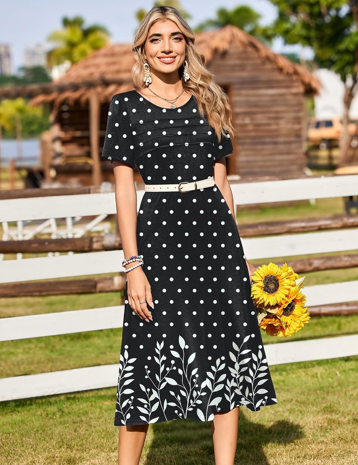 image:imageZeagoo Womens Casual Dresses for Summer Short Sleeve Flare Midi Dress Loose Beach Sundress Pleated Front Dress with PocketsBlack Sp122