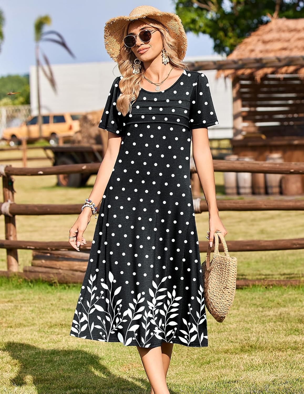 image:imageZeagoo Womens Casual Dresses for Summer Short Sleeve Flare Midi Dress Loose Beach Sundress Pleated Front Dress with PocketsBlack Sp122