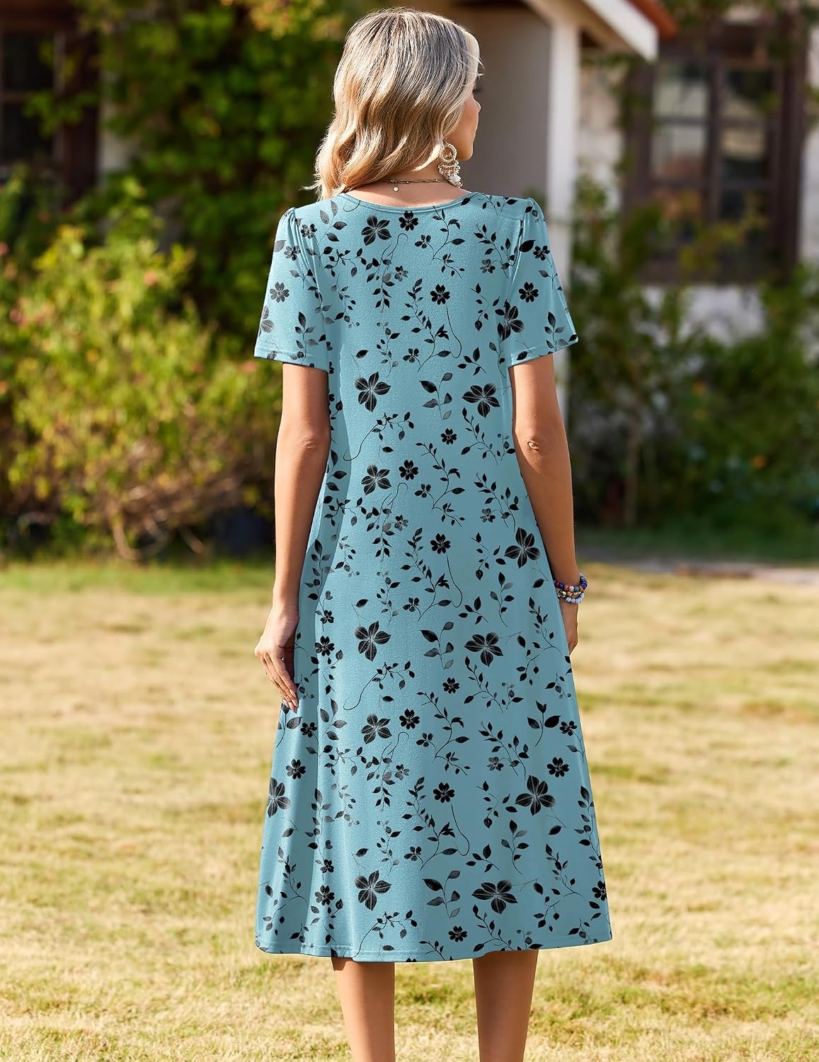 image:imageZeagoo Womens Casual Dresses for Summer Short Sleeve Flare Midi Dress Loose Beach Sundress Pleated Front Dress with PocketsGreen Sf237