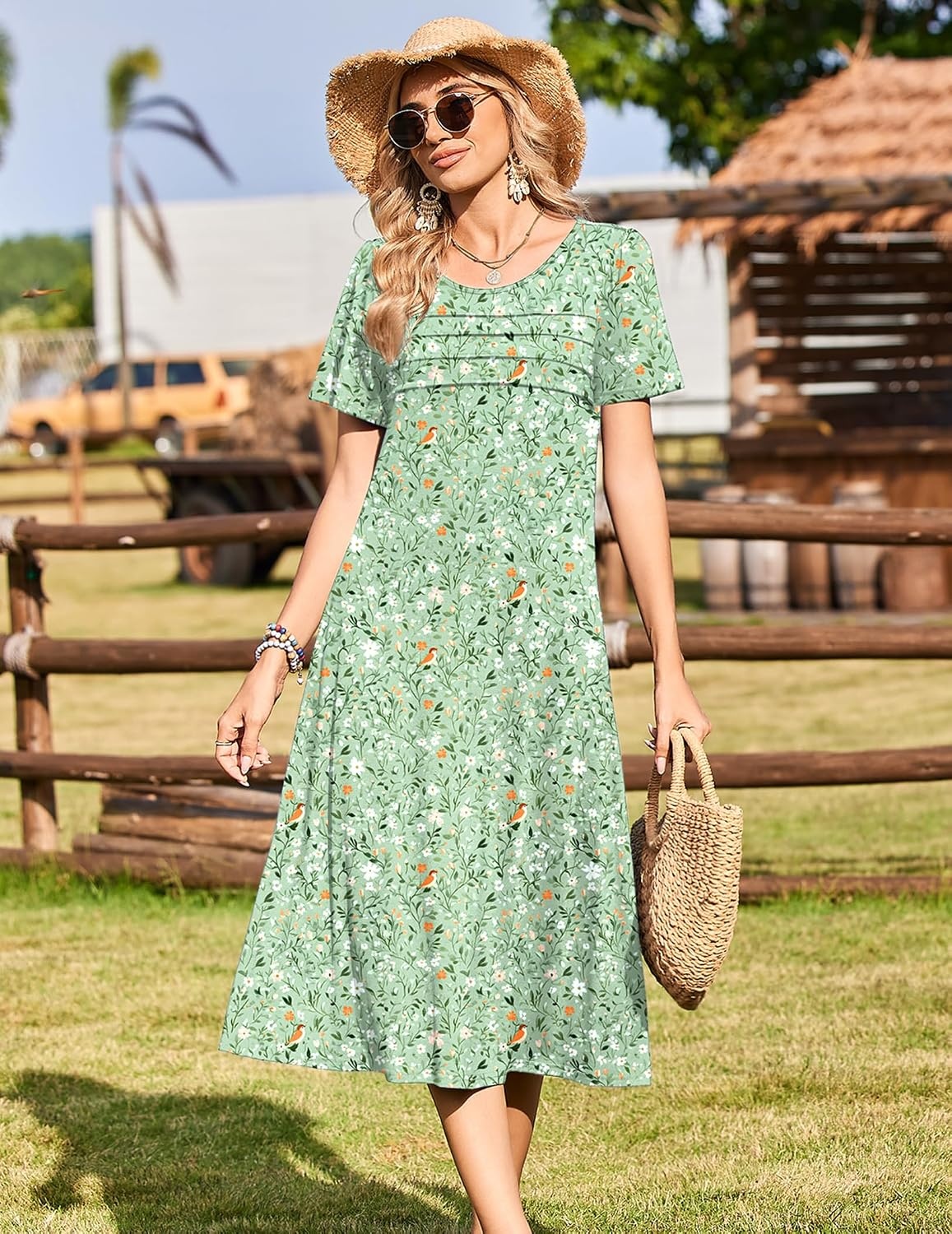 image:imageZeagoo Womens Casual Dresses for Summer Short Sleeve Flare Midi Dress Loose Beach Sundress Pleated Front Dress with PocketsGreen Xh534