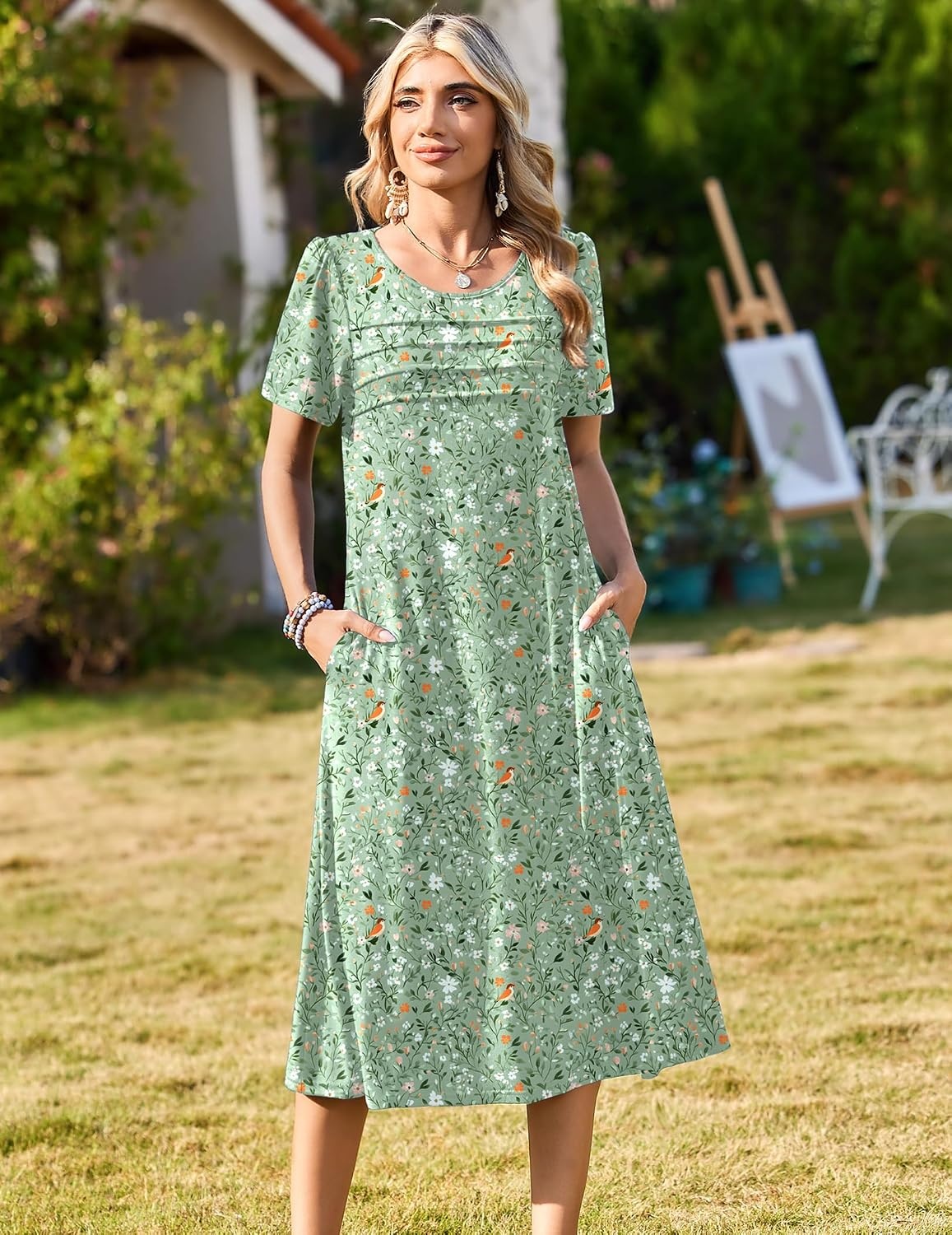image:imageZeagoo Womens Casual Dresses for Summer Short Sleeve Flare Midi Dress Loose Beach Sundress Pleated Front Dress with PocketsGreen Xh534