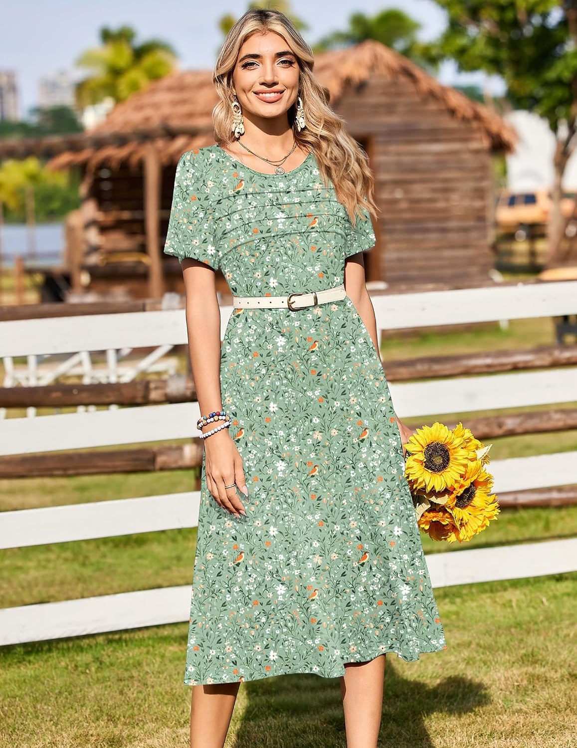 image:imageZeagoo Womens Casual Dresses for Summer Short Sleeve Flare Midi Dress Loose Beach Sundress Pleated Front Dress with PocketsGreen Xh534