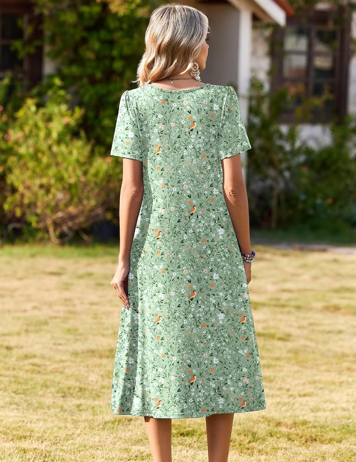 image:imageZeagoo Womens Casual Dresses for Summer Short Sleeve Flare Midi Dress Loose Beach Sundress Pleated Front Dress with PocketsGreen Xh534