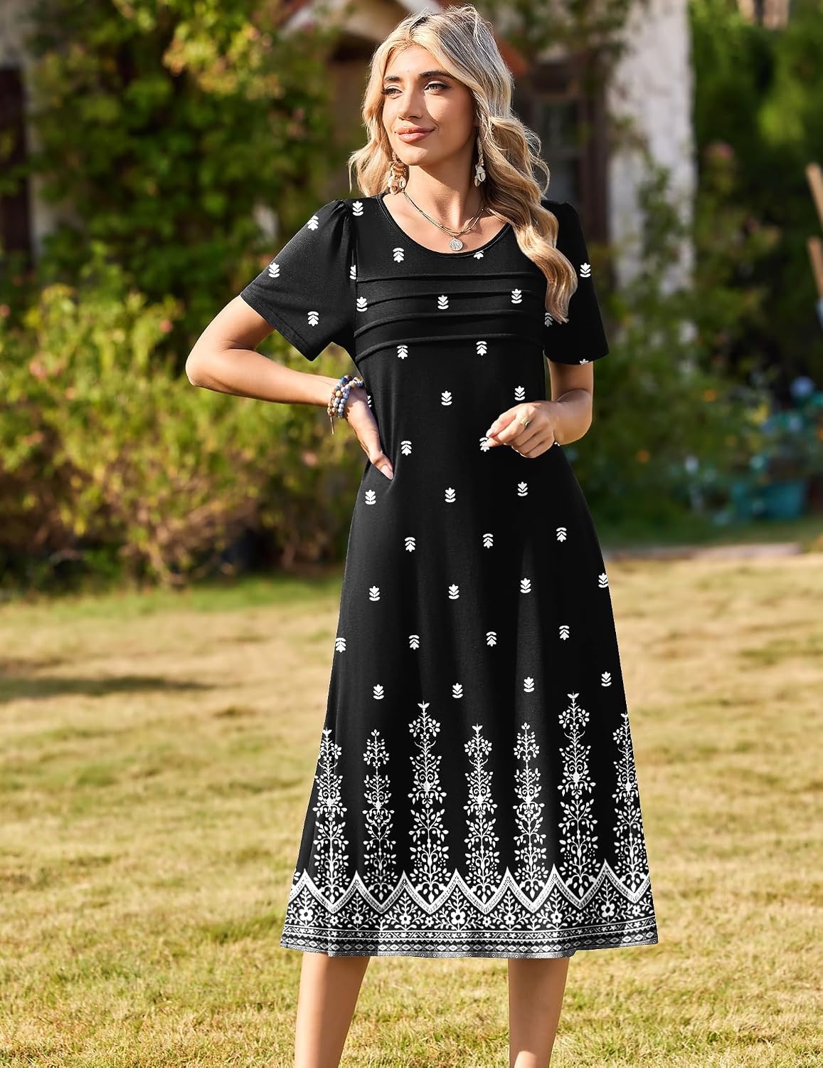 image:imageZeagoo Womens Casual Dresses for Summer Short Sleeve Flare Midi Dress Loose Beach Sundress Pleated Front Dress with PocketsMz938 Black Floral