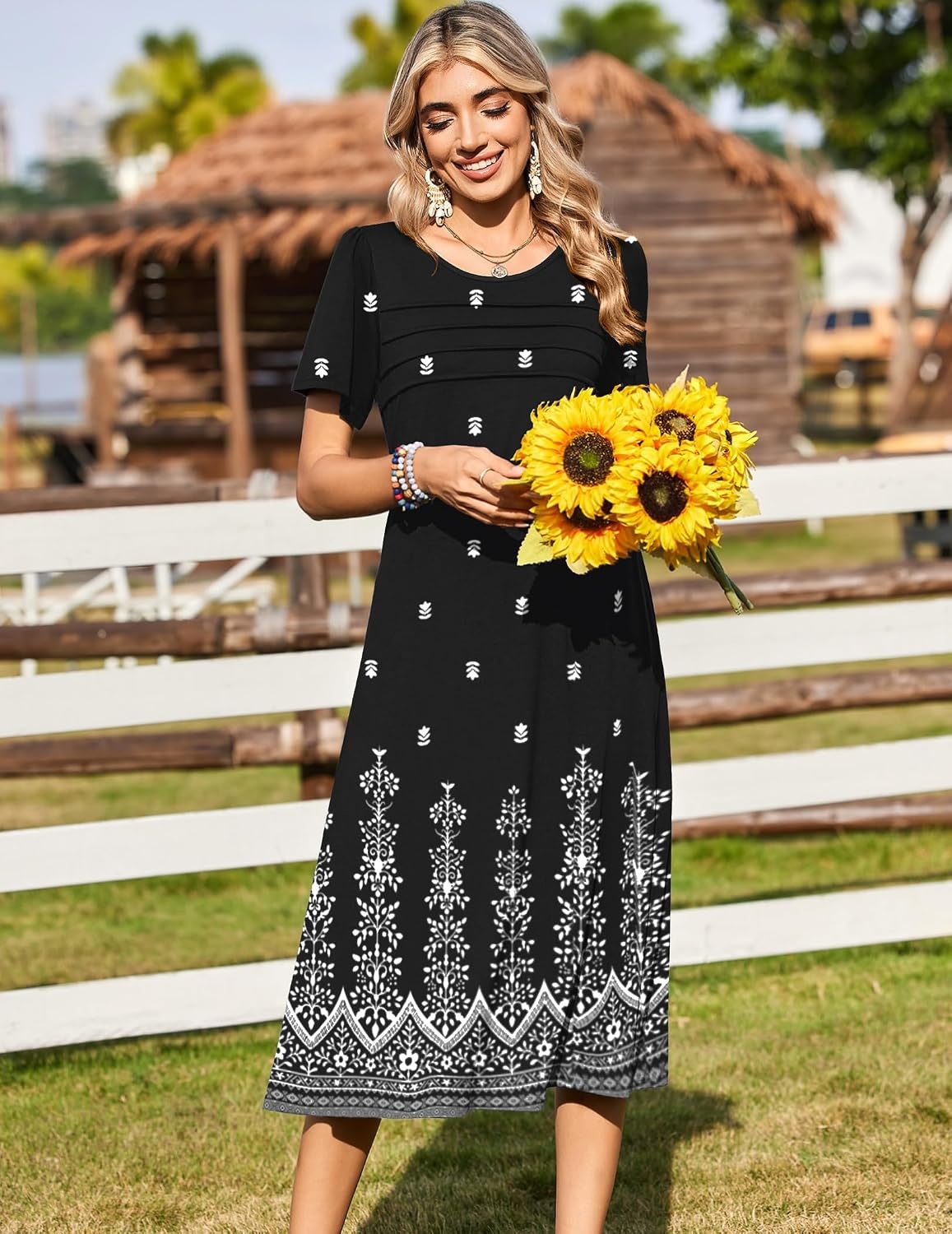 image:imageZeagoo Womens Casual Dresses for Summer Short Sleeve Flare Midi Dress Loose Beach Sundress Pleated Front Dress with PocketsMz938 Black Floral