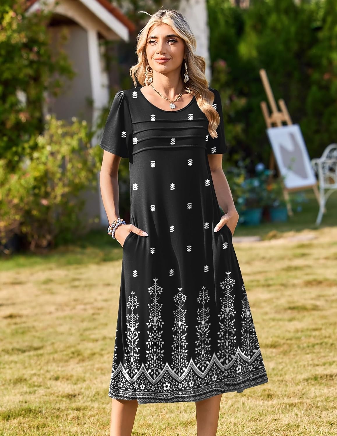 image:imageZeagoo Womens Casual Dresses for Summer Short Sleeve Flare Midi Dress Loose Beach Sundress Pleated Front Dress with PocketsMz938 Black Floral