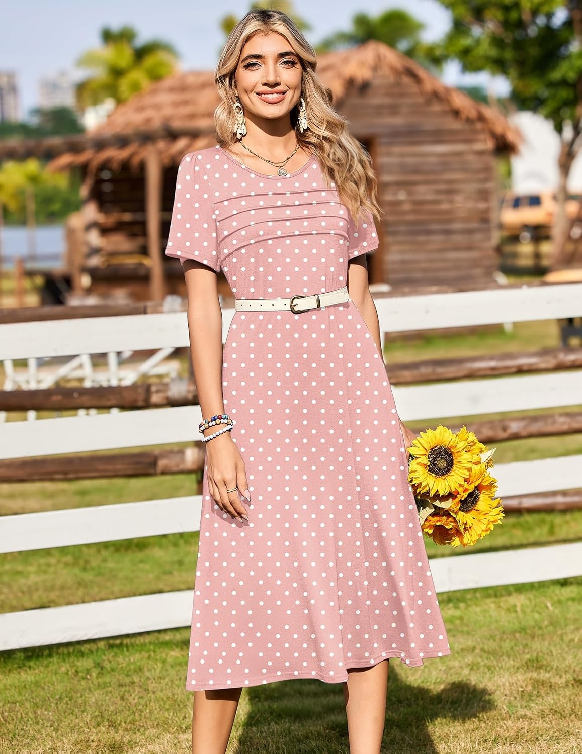 image:imageZeagoo Womens Casual Dresses for Summer Short Sleeve Flare Midi Dress Loose Beach Sundress Pleated Front Dress with PocketsPink Jh1