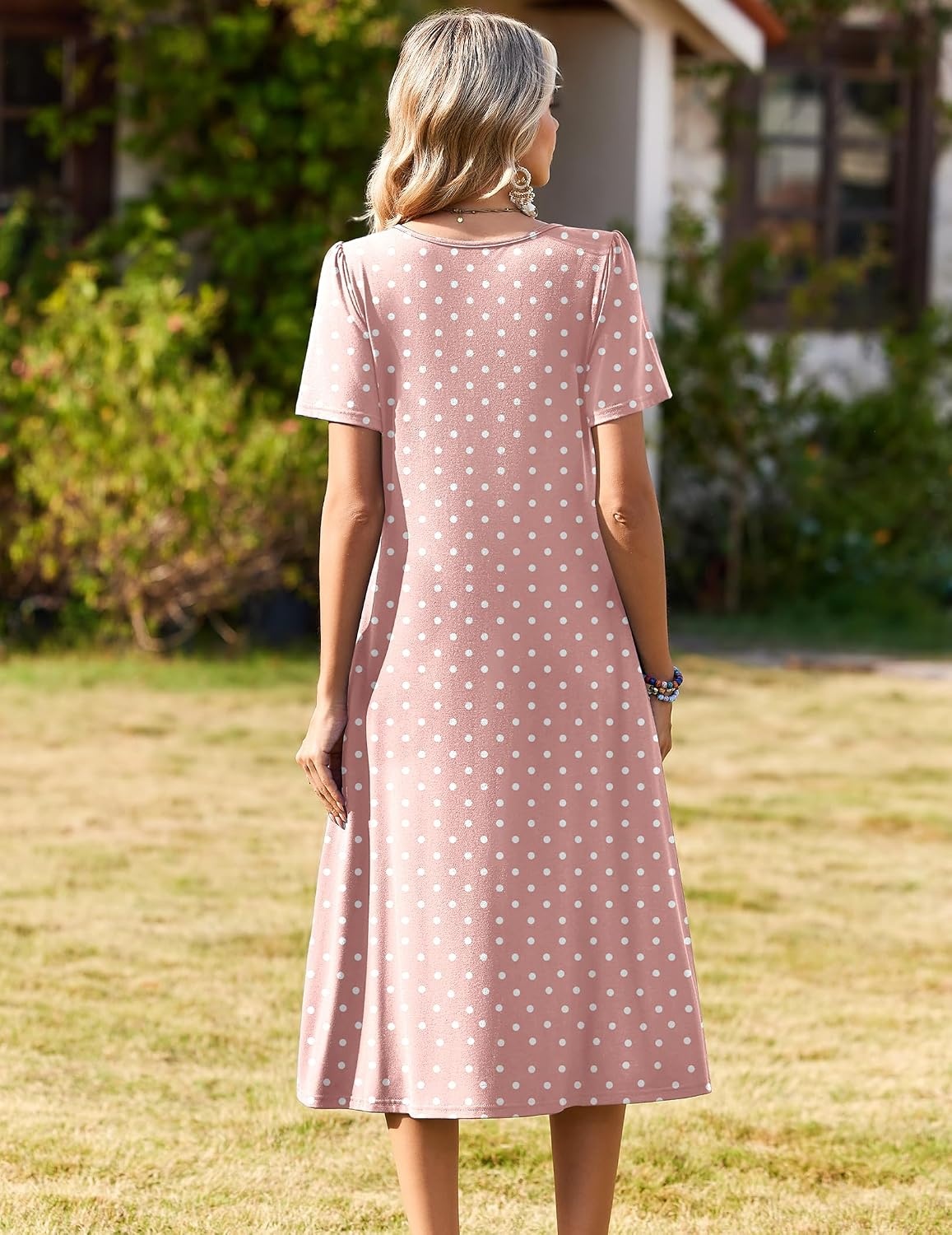 image:imageZeagoo Womens Casual Dresses for Summer Short Sleeve Flare Midi Dress Loose Beach Sundress Pleated Front Dress with PocketsPink Jh1