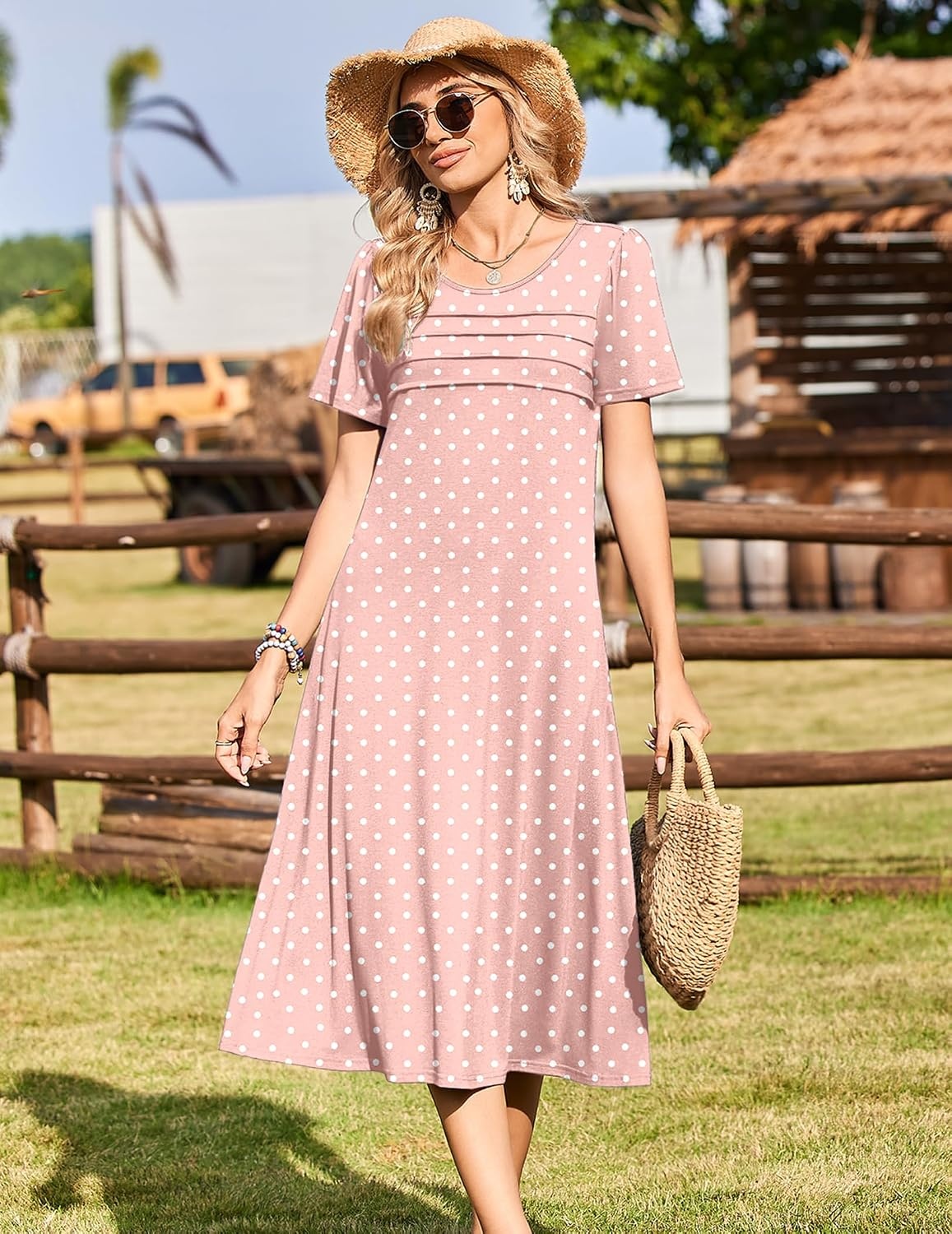 image:imageZeagoo Womens Casual Dresses for Summer Short Sleeve Flare Midi Dress Loose Beach Sundress Pleated Front Dress with PocketsPink Jh1