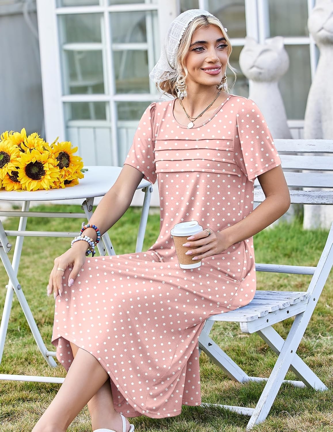 image:imageZeagoo Womens Casual Dresses for Summer Short Sleeve Flare Midi Dress Loose Beach Sundress Pleated Front Dress with PocketsPink Jh1