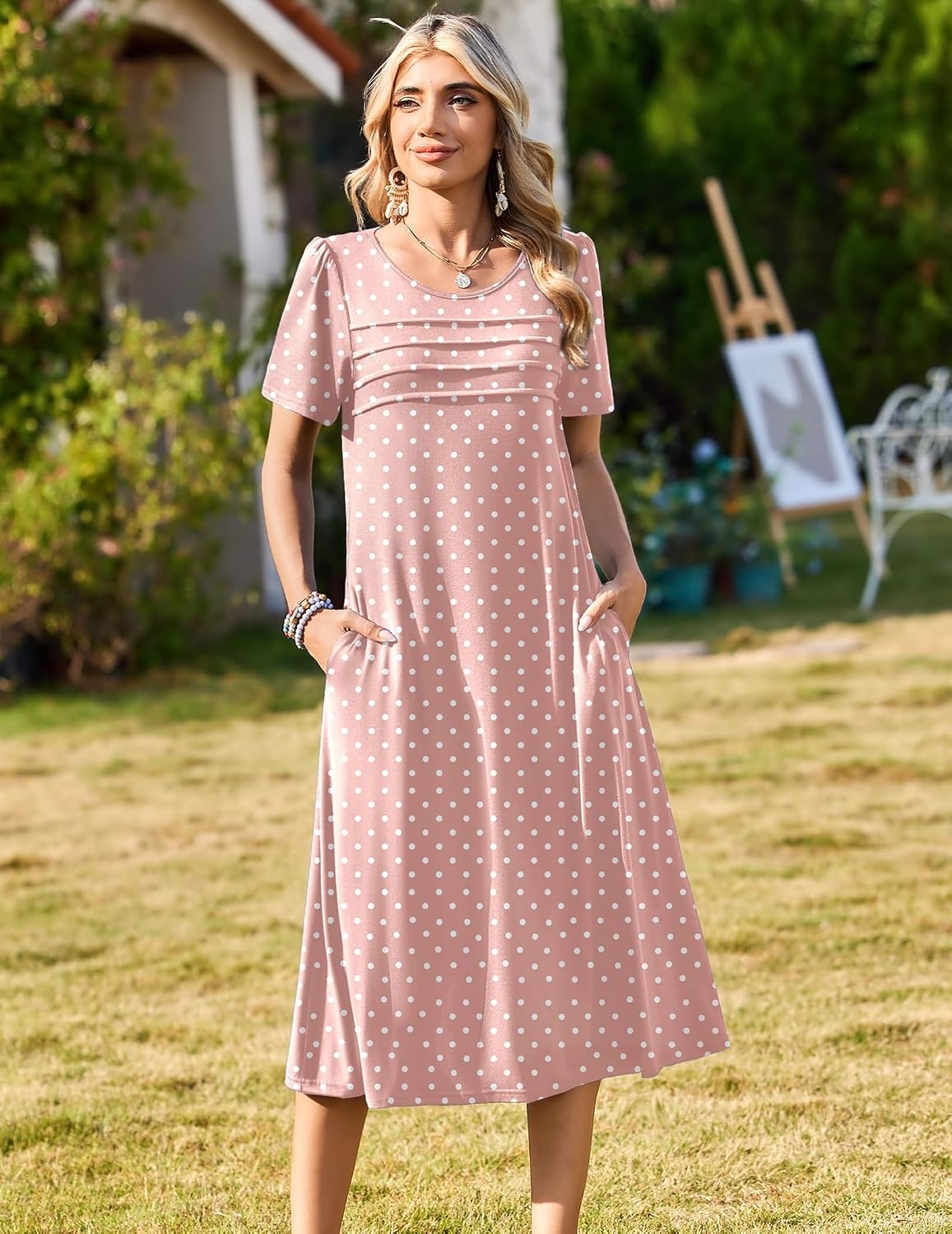 image:imageZeagoo Womens Casual Dresses for Summer Short Sleeve Flare Midi Dress Loose Beach Sundress Pleated Front Dress with PocketsPink Jh1