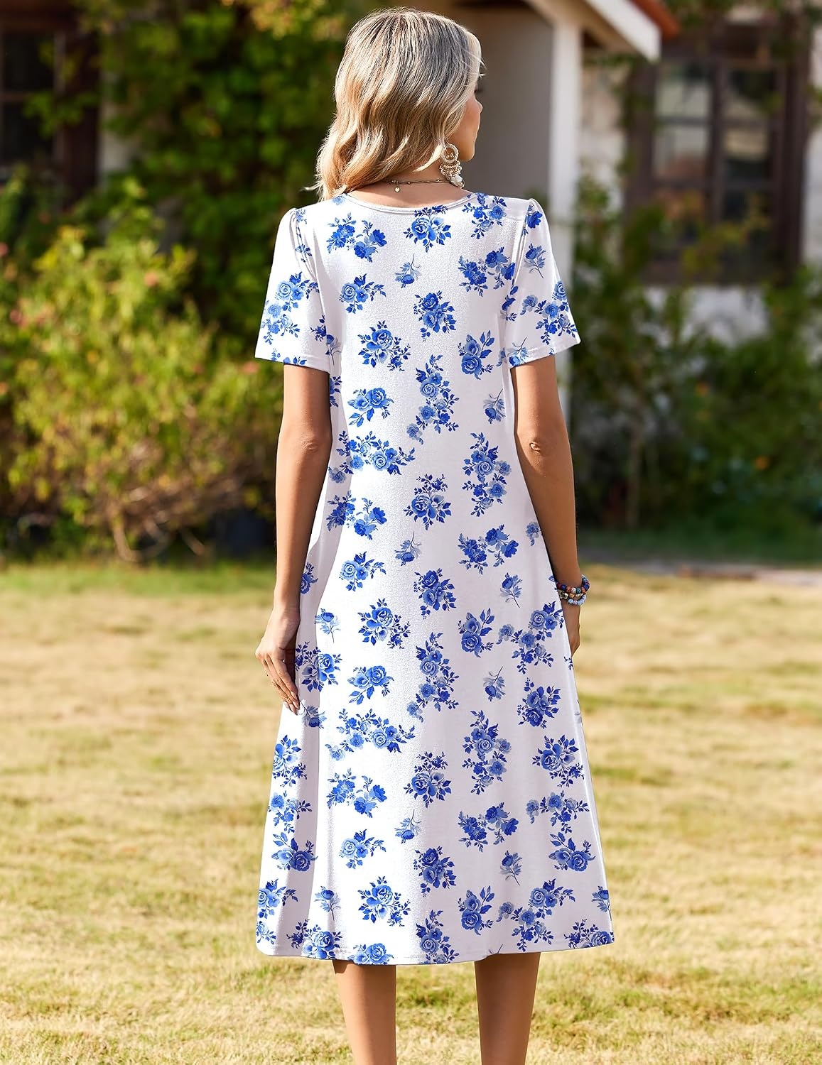 image:imageZeagoo Womens Casual Dresses for Summer Short Sleeve Flare Midi Dress Loose Beach Sundress Pleated Front Dress with PocketsWhite Dh342
