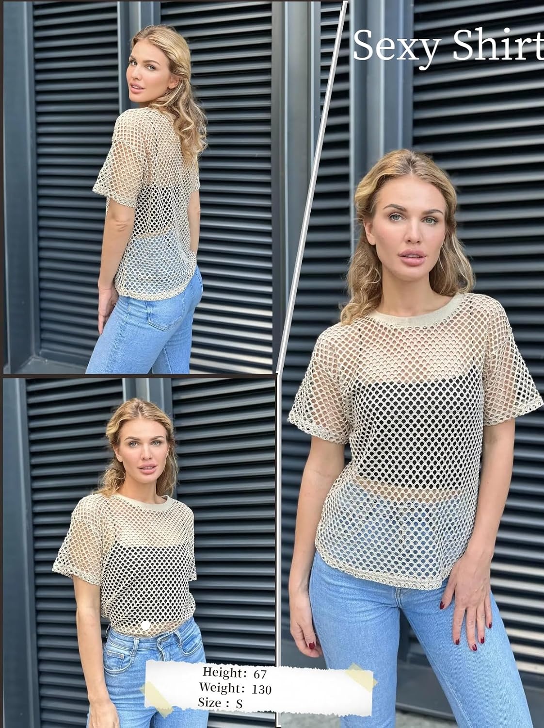 image:imageZeagoo Womens Mesh T Shirts Short Sleeve Casual Tops Hollow Out Pullover Shirts Crewneck Sexy Fishnet Crop Tee SXXLCoffee