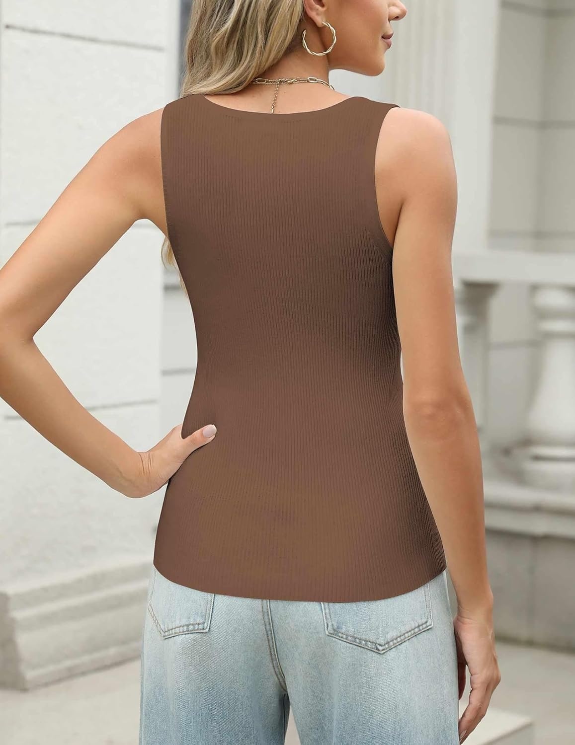 image:imageZeagoo Womens Ribbed Tank Tops 2026 V Neck Slim Fit Knit Sleeveless Shirts Casual Basic TeeBrown
