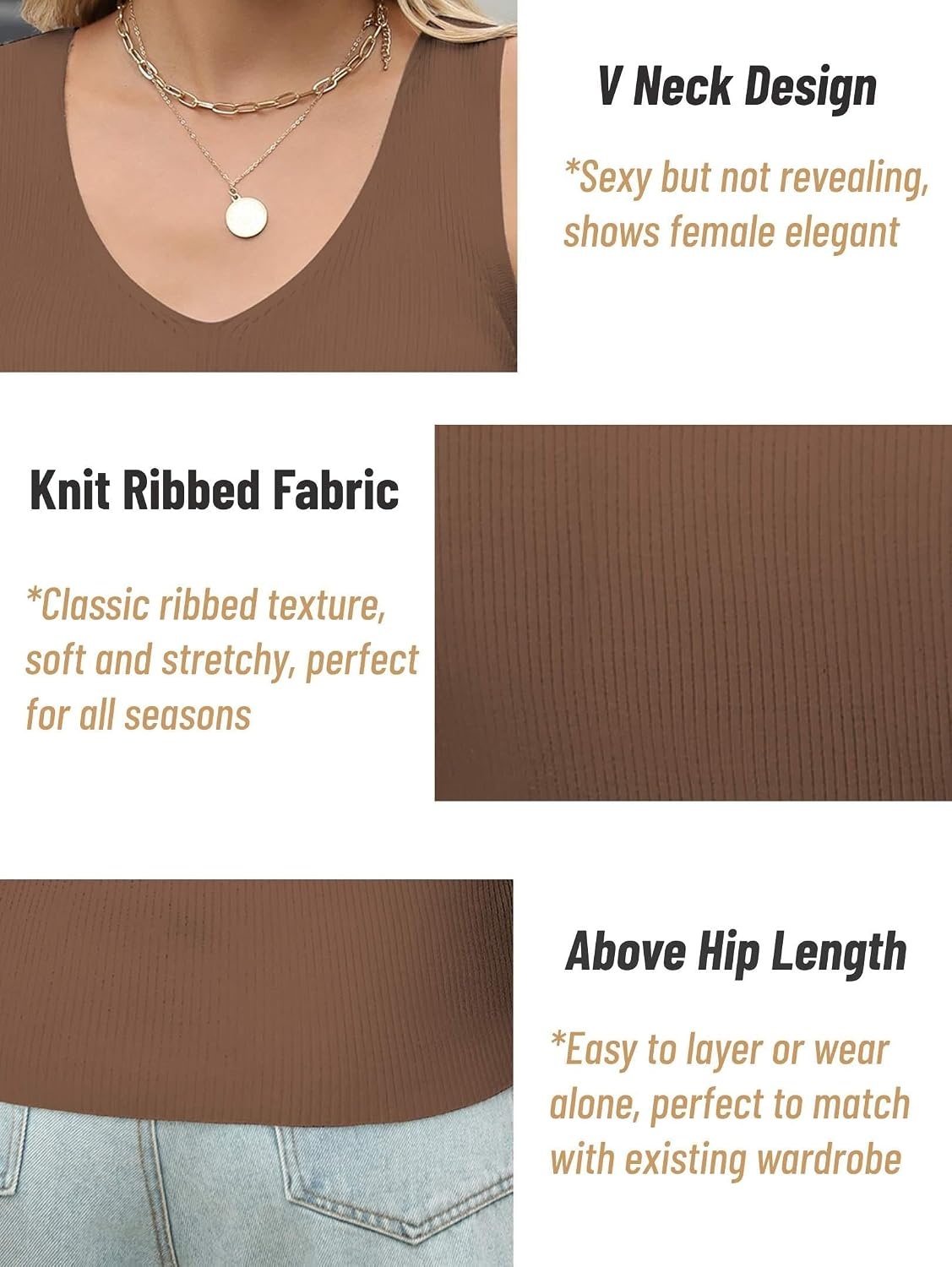 image:imageZeagoo Womens Ribbed Tank Tops 2026 V Neck Slim Fit Knit Sleeveless Shirts Casual Basic TeeBrown